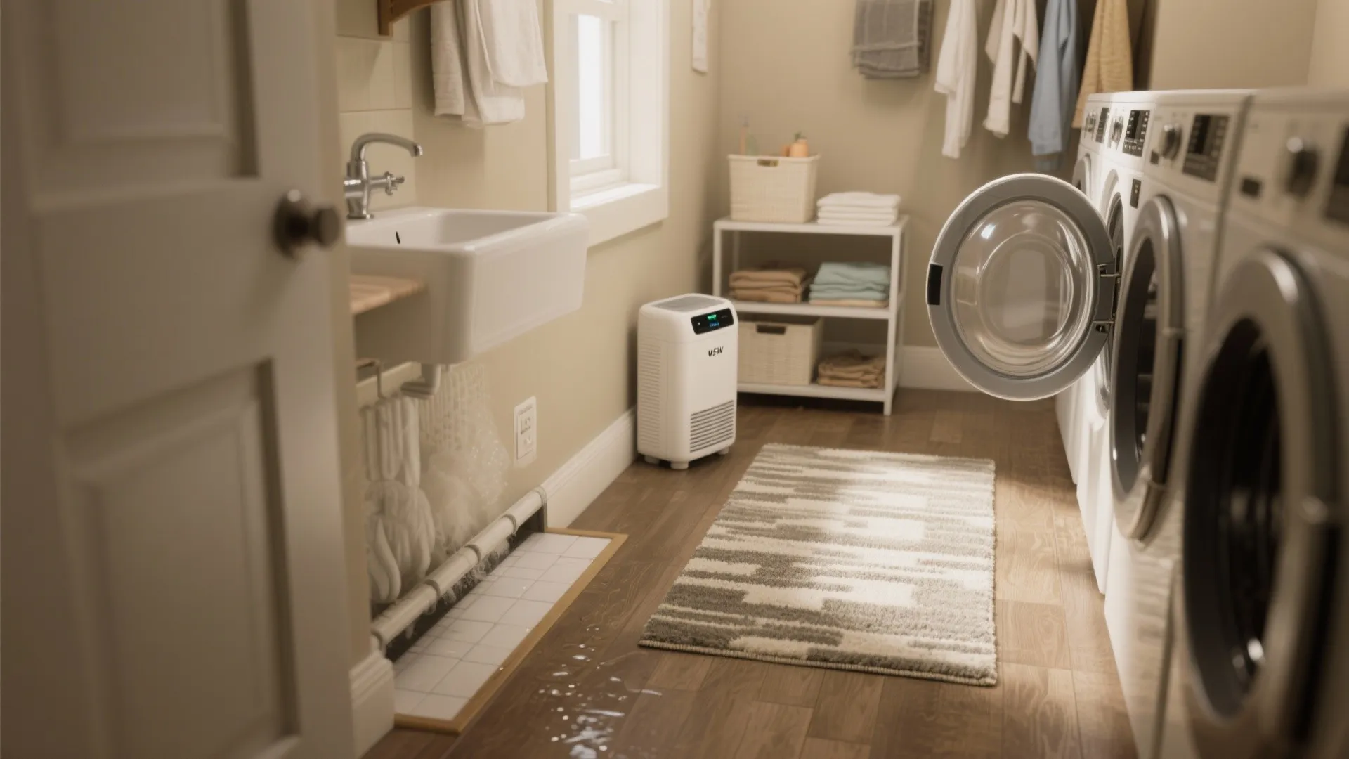 Tidy laundry room showing waterproof flooring options, dehumidifier, rug, and practical workflow.