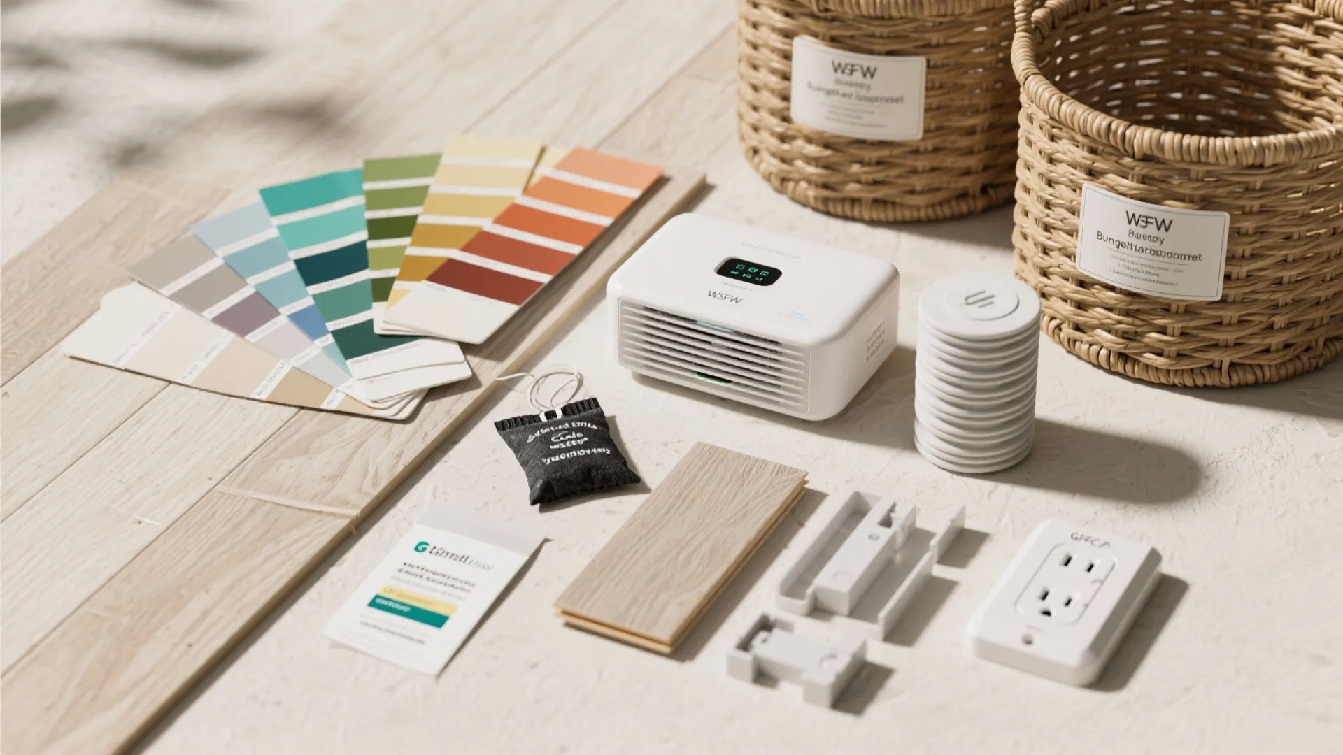 Flatlay of budget upgrade materials: paint swatches, vinyl plank sample, baskets, dehumidifier