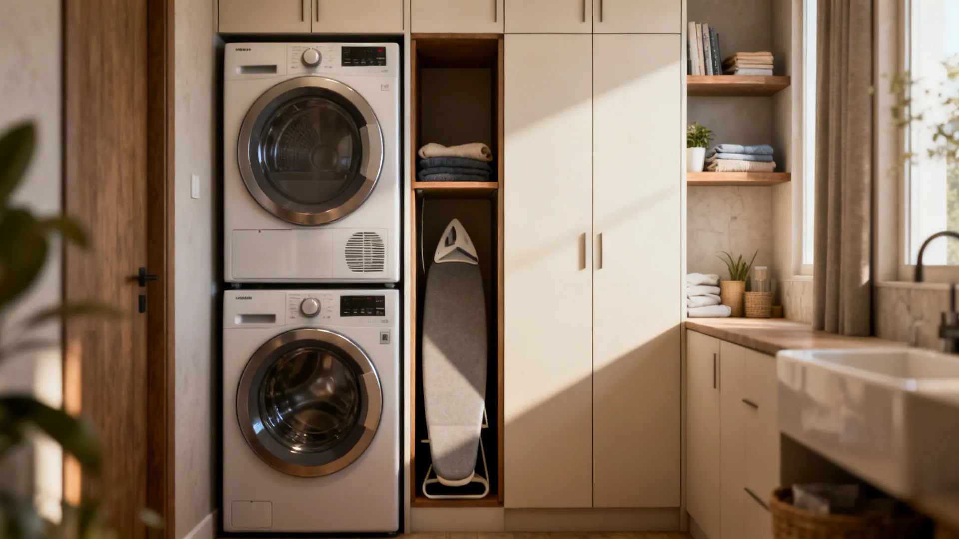 Well-organized small laundry room illustrating common storage solutions like stacking and vertical cabinets
