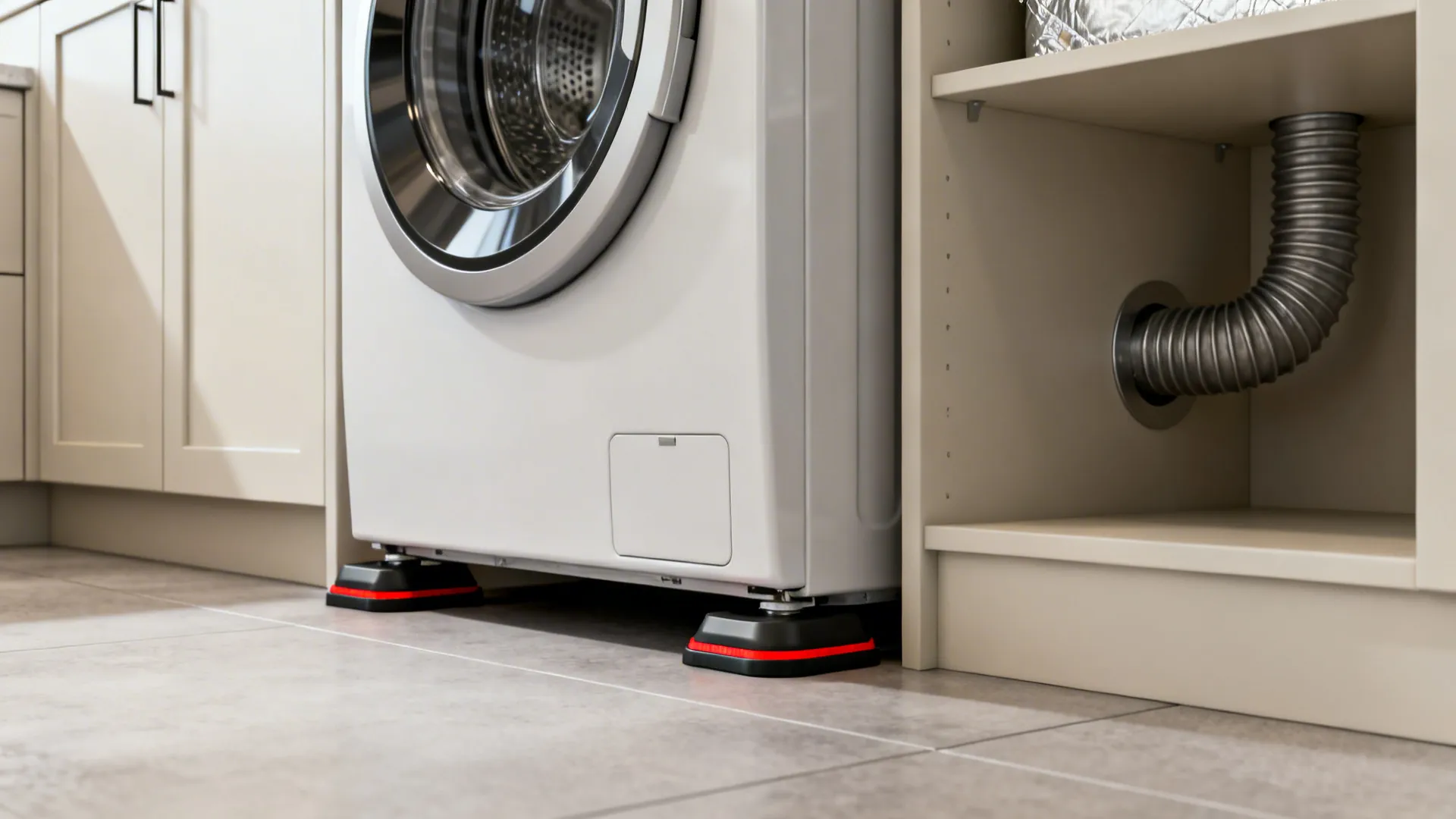 Close-up of anti-vibration pad, clearance gap, and ventilation details for stacked laundry units.