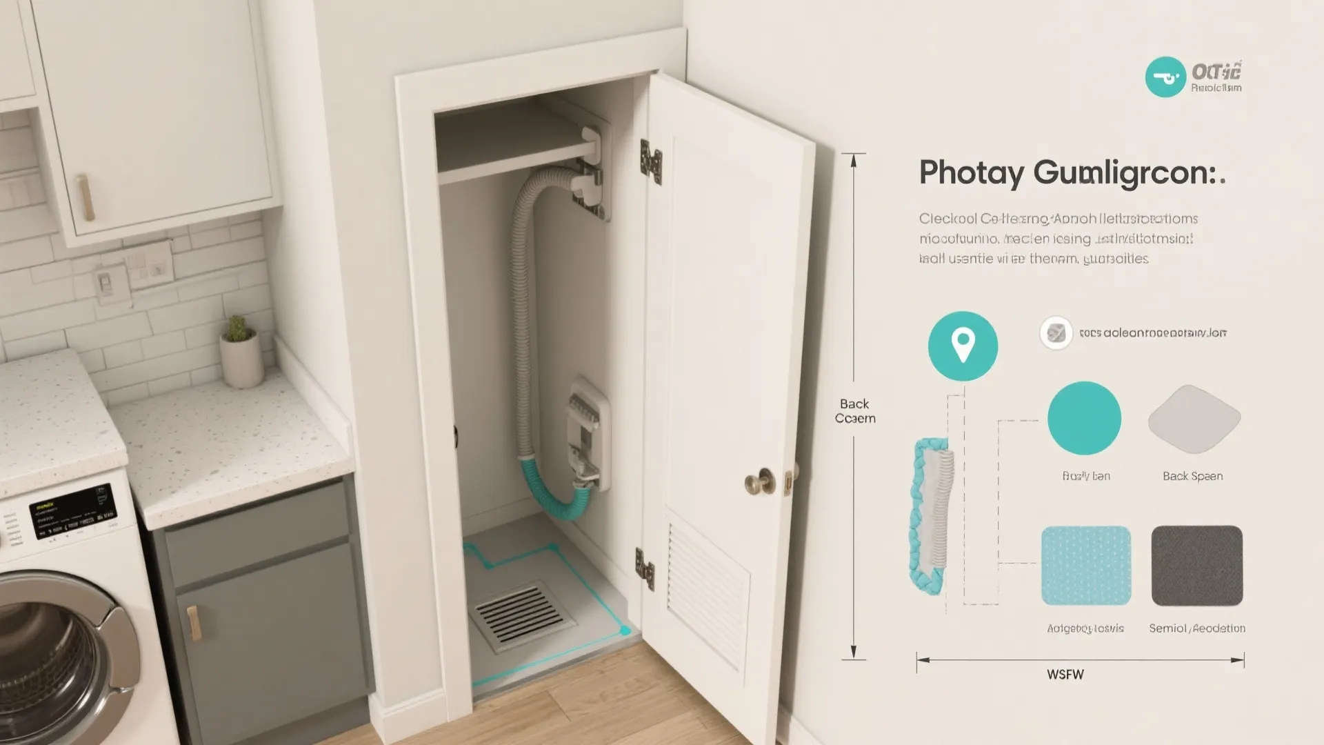 Laundry closet diagram showing wall pipe connection with floor drain and small storage shelf space