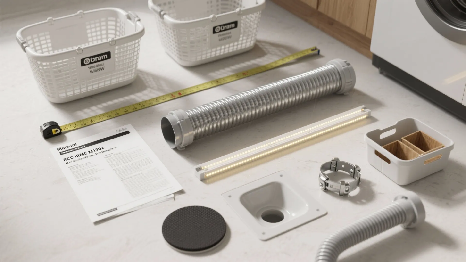 Various appliance installation parts including a hose tape measure manual and light fixture on floor