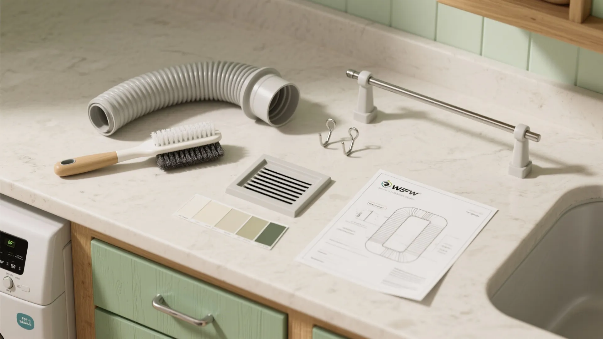 Laundry room items including a brush, hose, and color samples on a white stone countertop