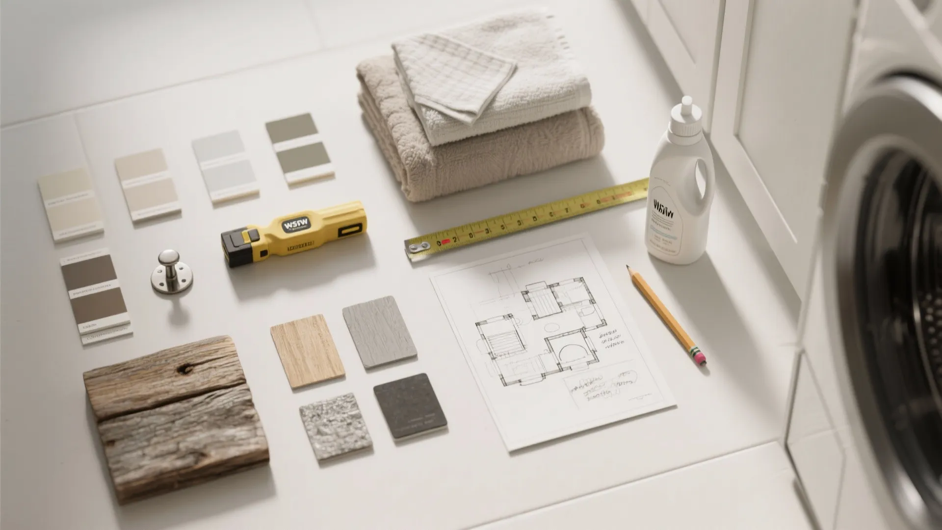 Flat lay of laundry room design materials including floor plan pencil wood samples and measuring tape