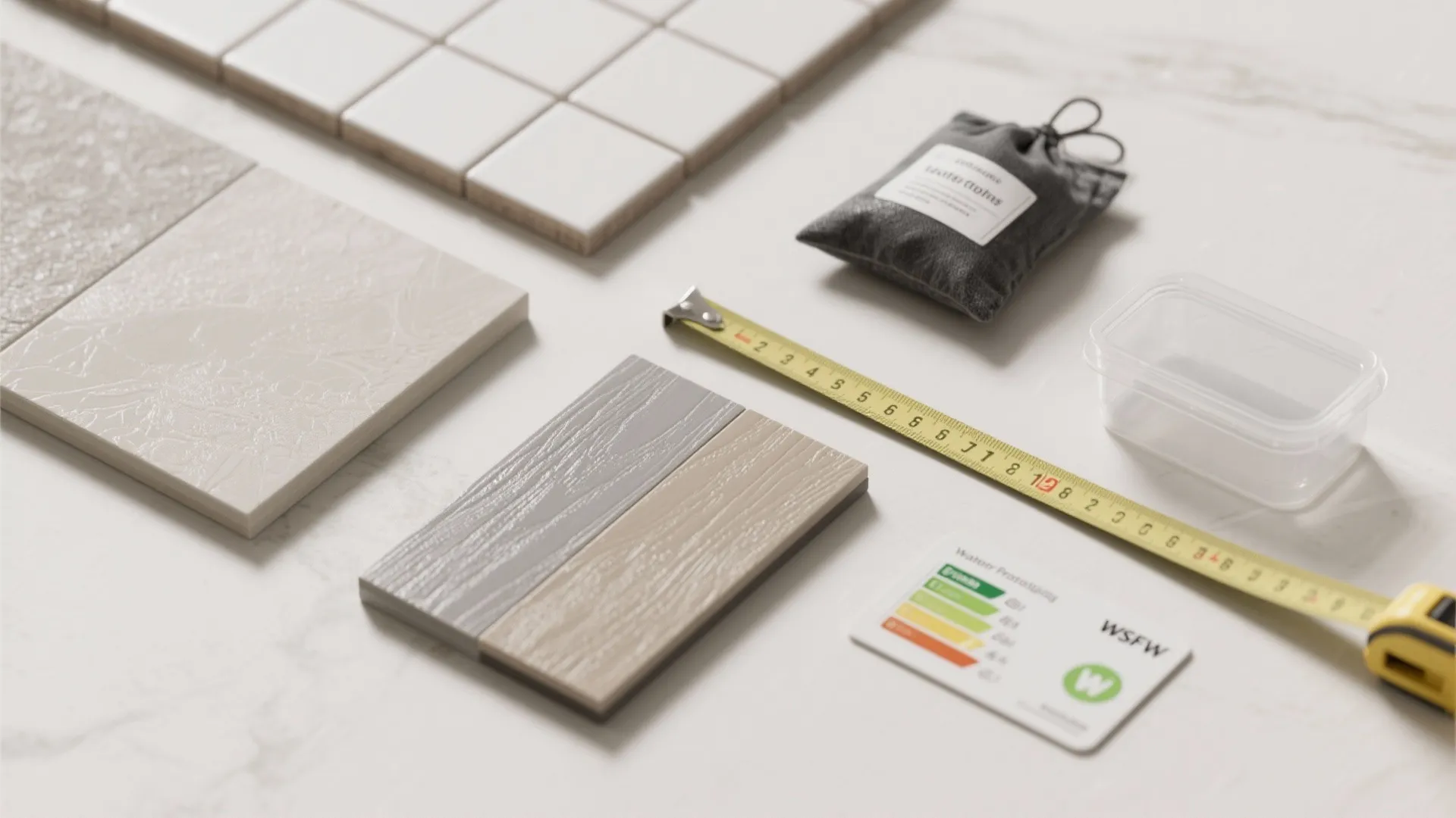 Various wall tiles wood floor samples tape measure and energy rating card on white table
