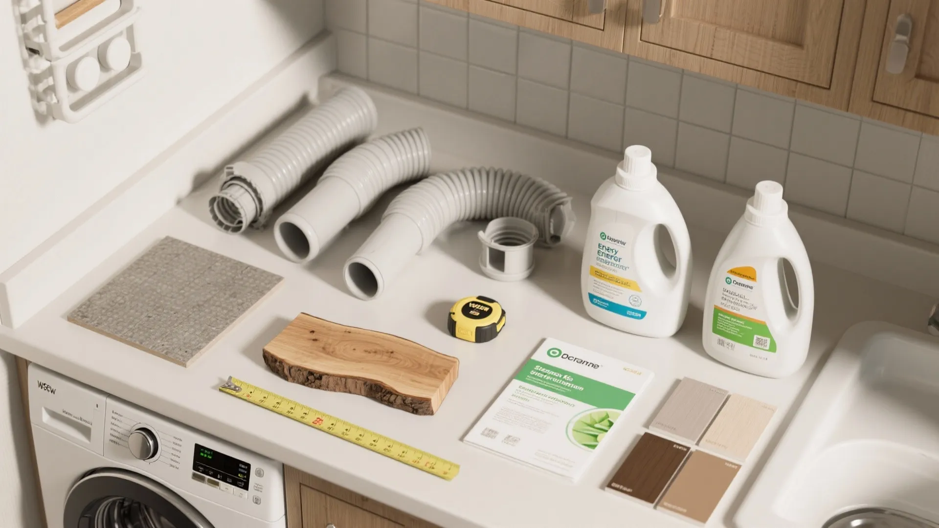 Laundry room planning materials with detergent bottles, flexible pipes, measuring tape, and various interior samples