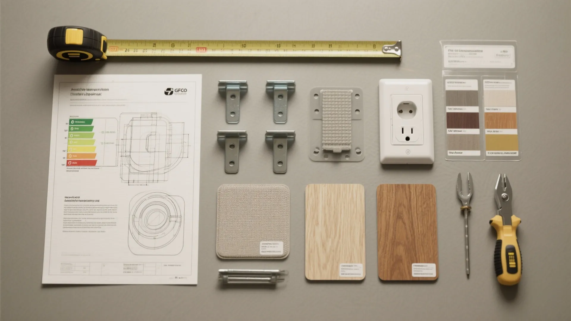 Top-down flatlay of tools and materials for planning compact laundry installs: tape measure, swatches, pads and sketches.