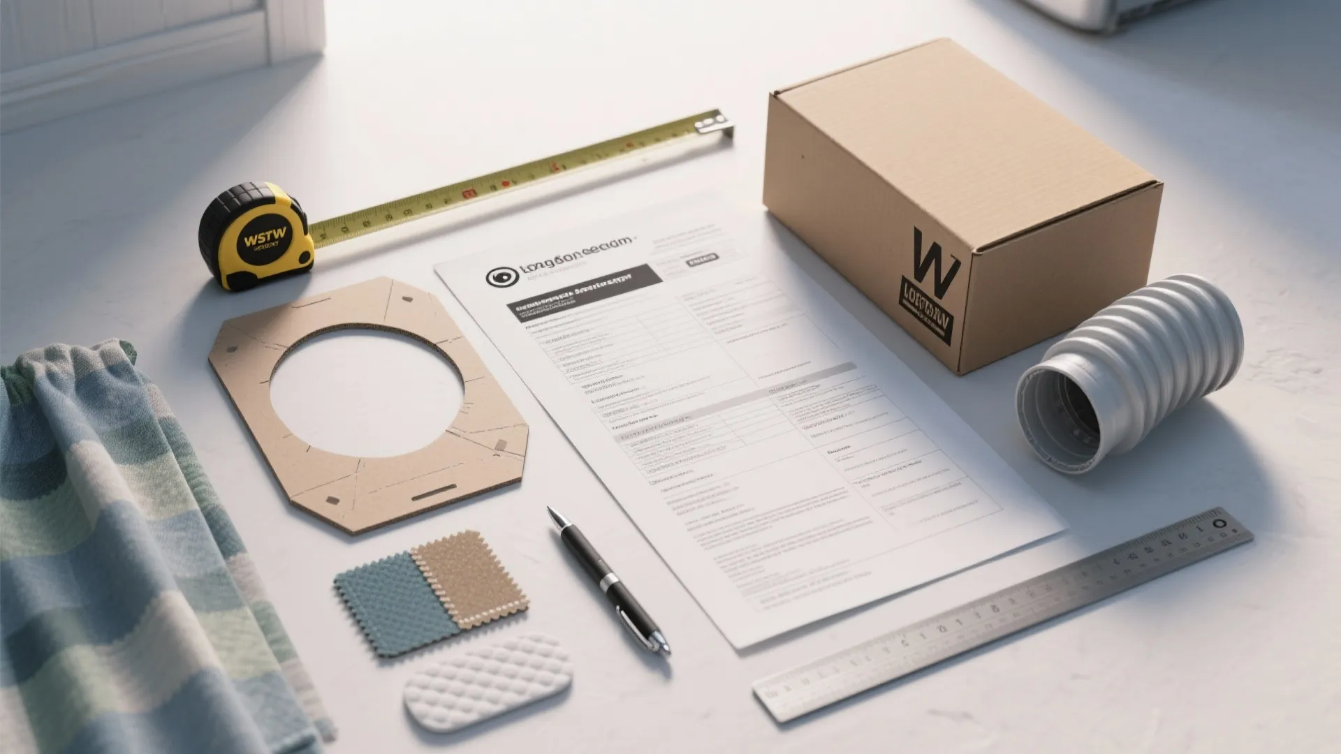 Interior design tools including measuring tape paper box fabric samples and pen on white surface