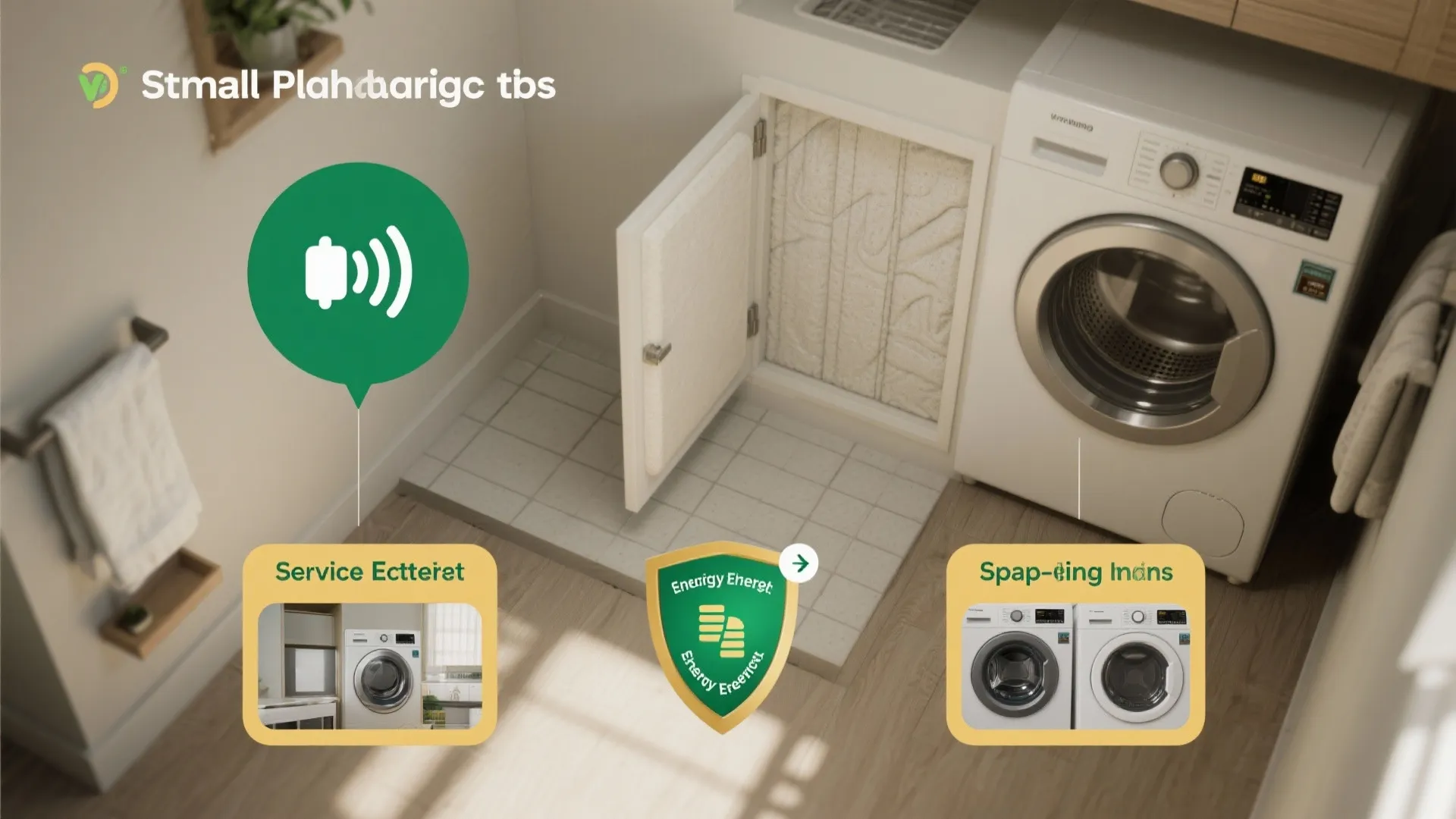 Infographic showing small laundry room layout ideas with icons for energy efficiency and machine advice
