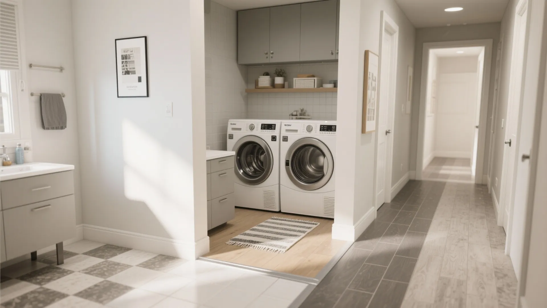 Laundry area with white washer dryer under gray cabinets next to hallway and bathroom sink