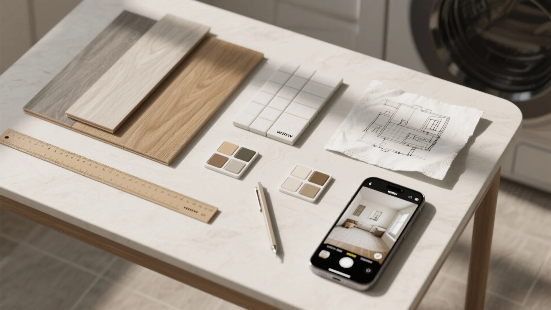 Interior design planning table with wood samples color palettes ruler pen phone and room sketch