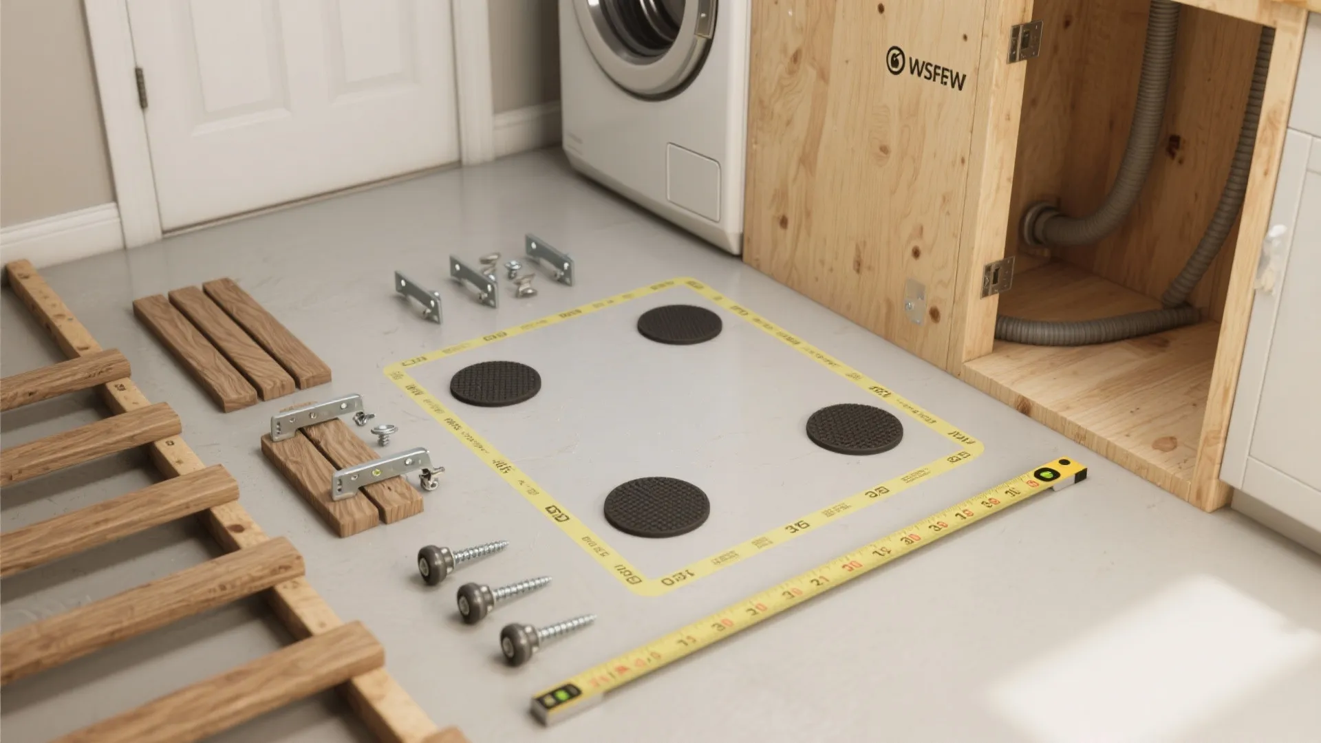 Floor with measuring tape and wooden furniture parts for laundry room appliance installation and layout