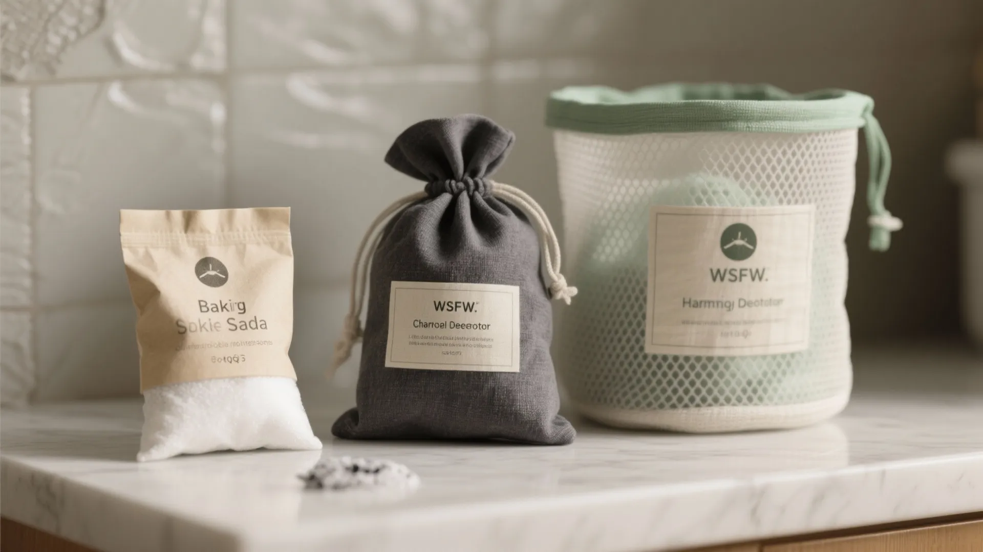 Baking soda paper bag and charcoal deodorizer pouch placed on white marble laundry room counter