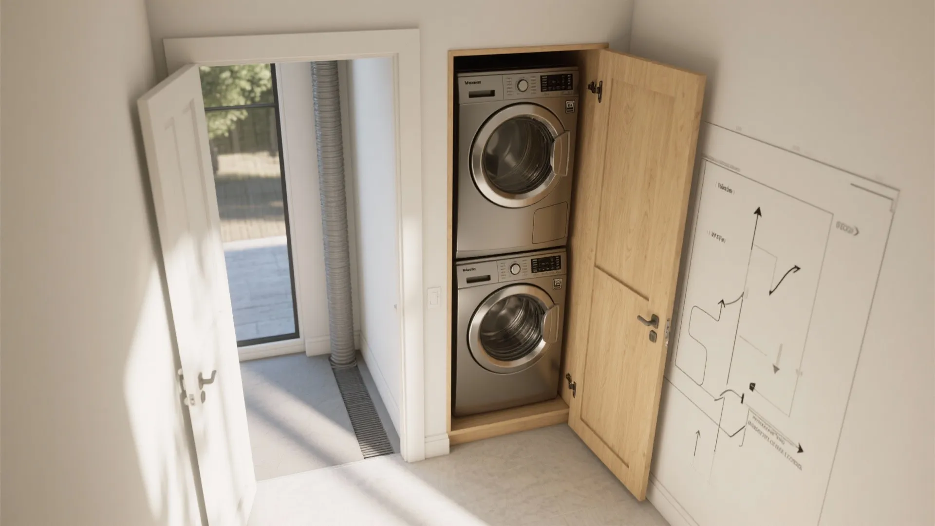 Stacked silver washing machine and dryer in a wood cabinet next to an open door