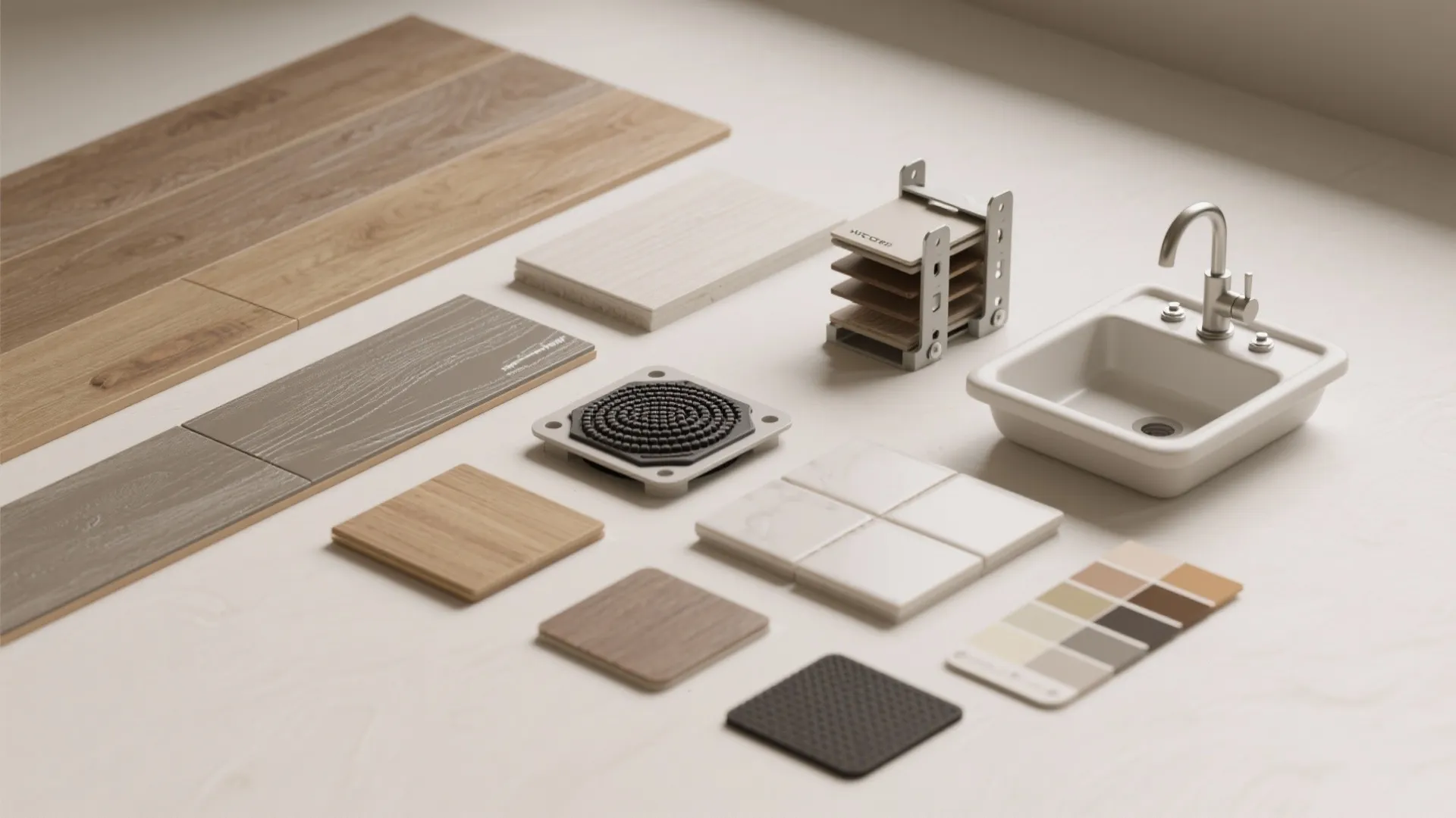 Collection of interior design materials including wood floor samples white sink wall tiles and color palette