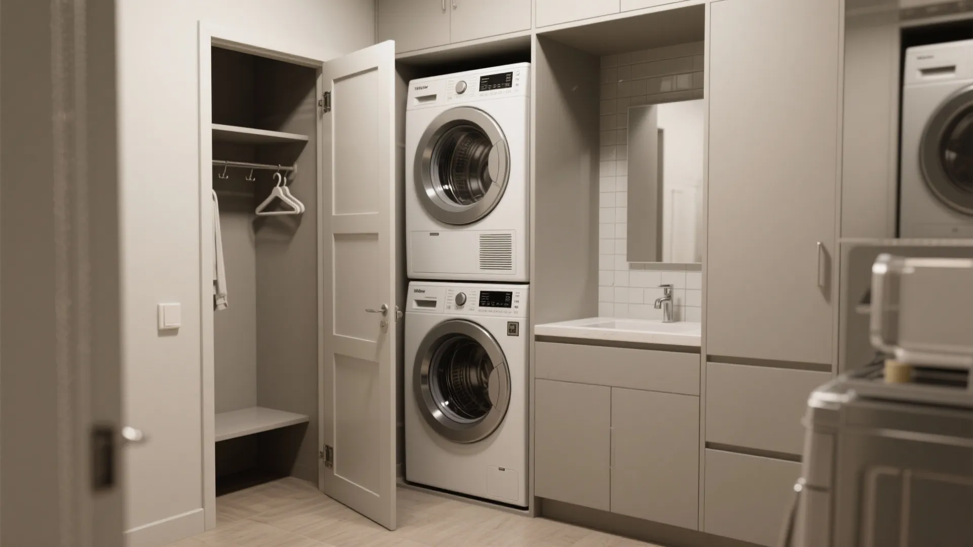 Modern laundry room with stacked washing machines beige cabinets small sink mirror and open closet space