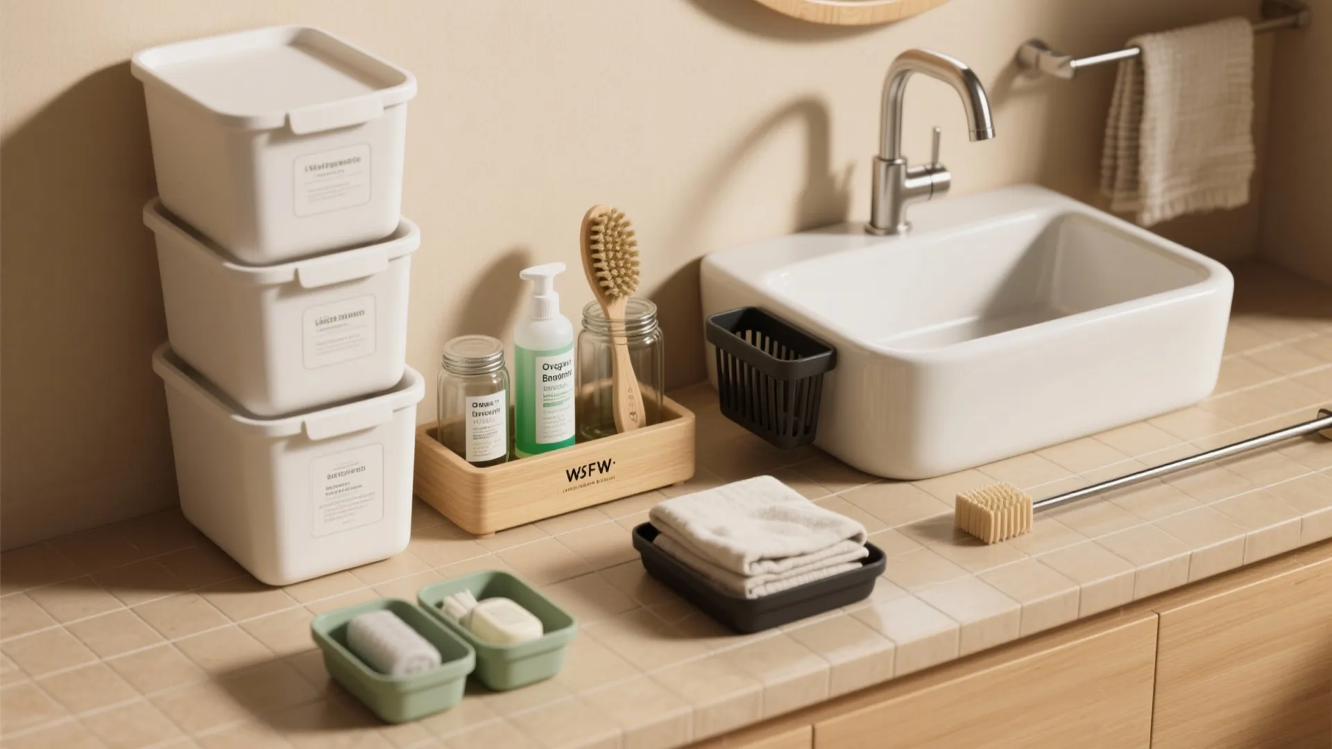 White bathroom sink with organized storage boxes soaps and cleaning supplies on a tiled counter