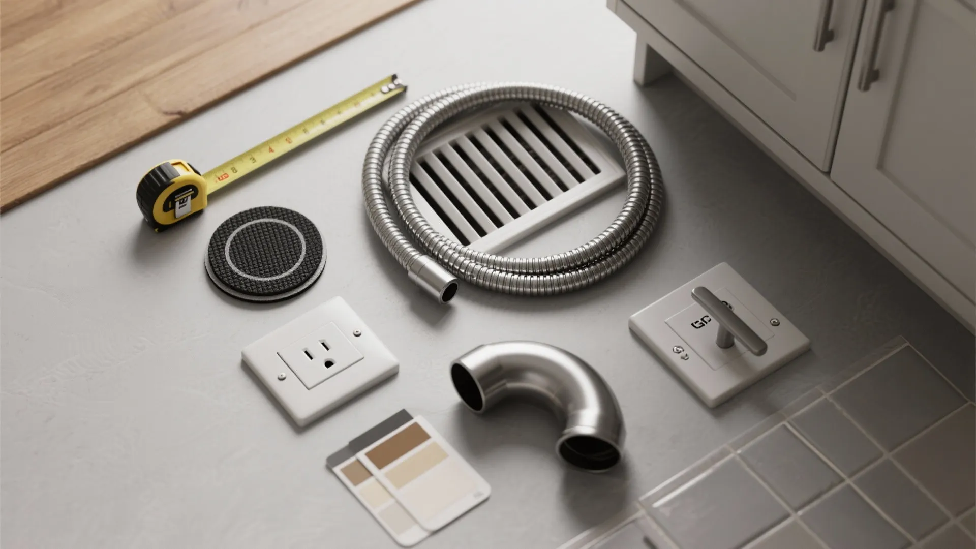 Collection of home repair tools including measuring tape metal pipes power outlet and small floor tiles