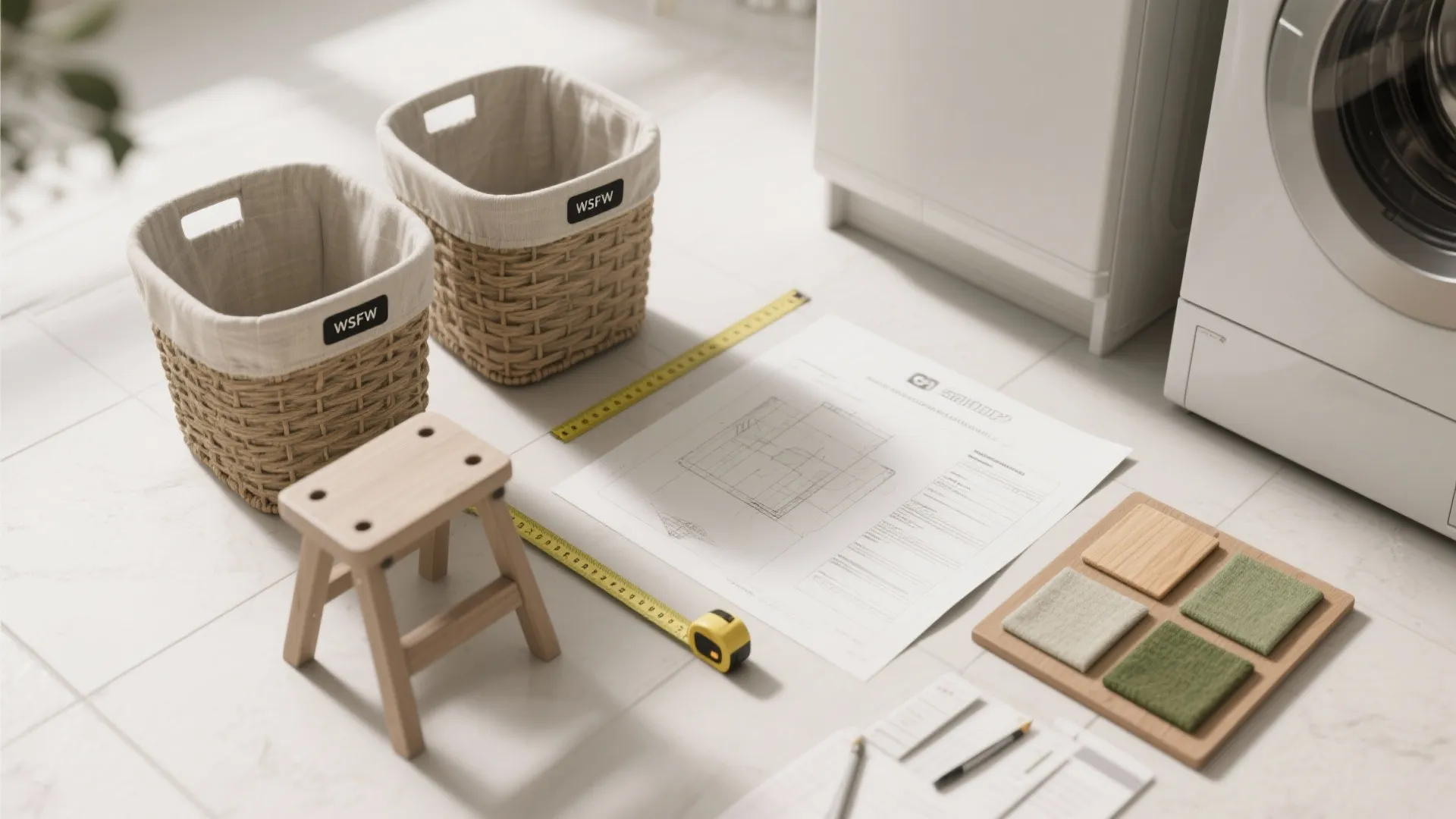 Interior design drawing on floor with laundry baskets, wooden stool, measuring tape, and washing machine