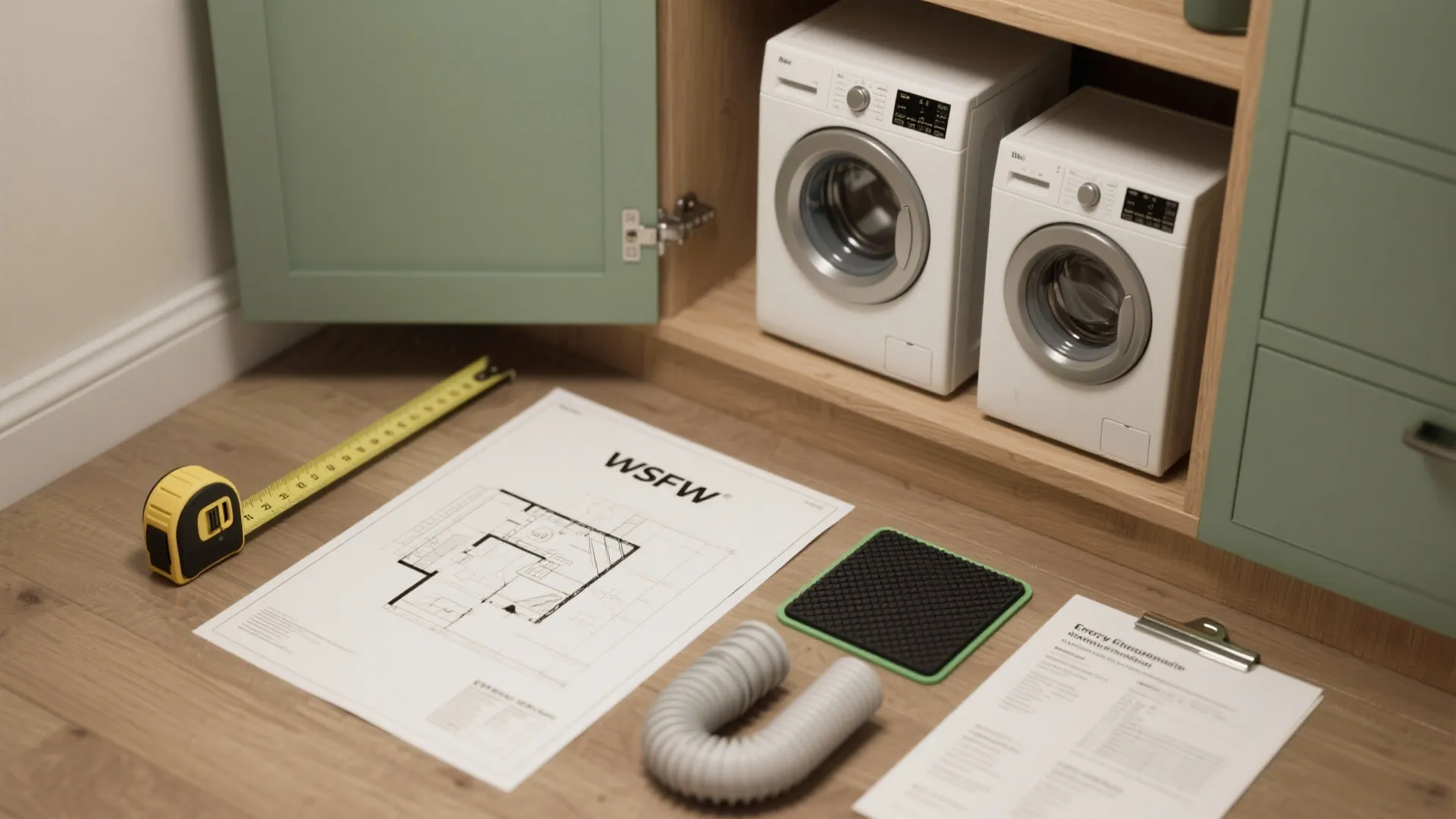Interior design drawing with measuring tape and tools on wood floor near small laundry machines