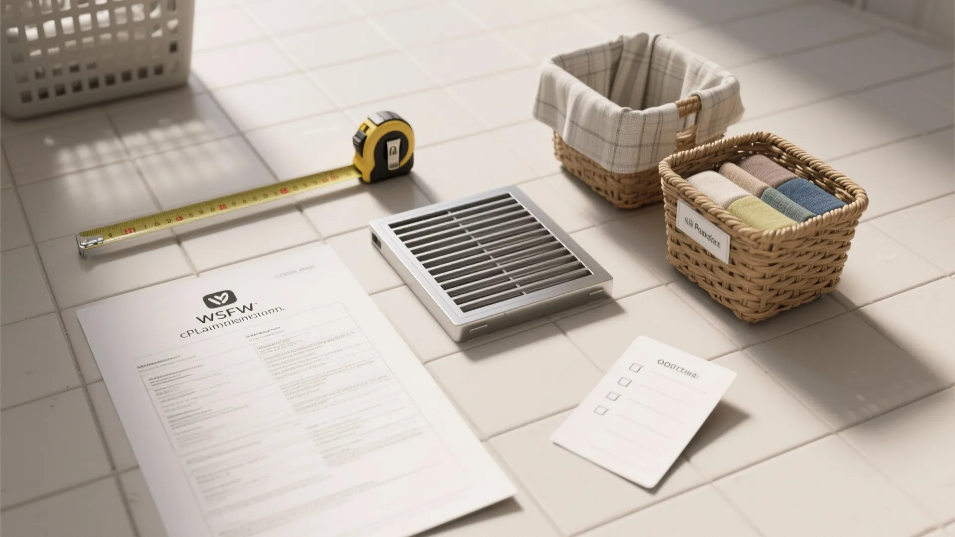 Laundry planning layout with measuring tape paper checklist and woven baskets on white tiled floor