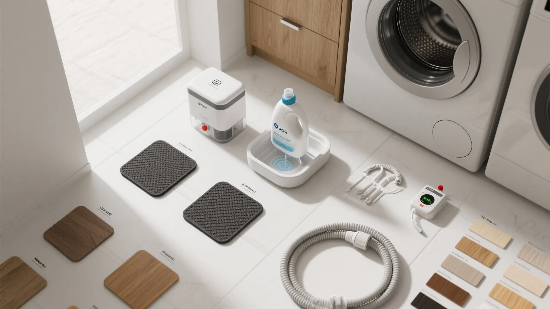 Laundry supplies on white floor including detergent hose small tools and different wood material samples