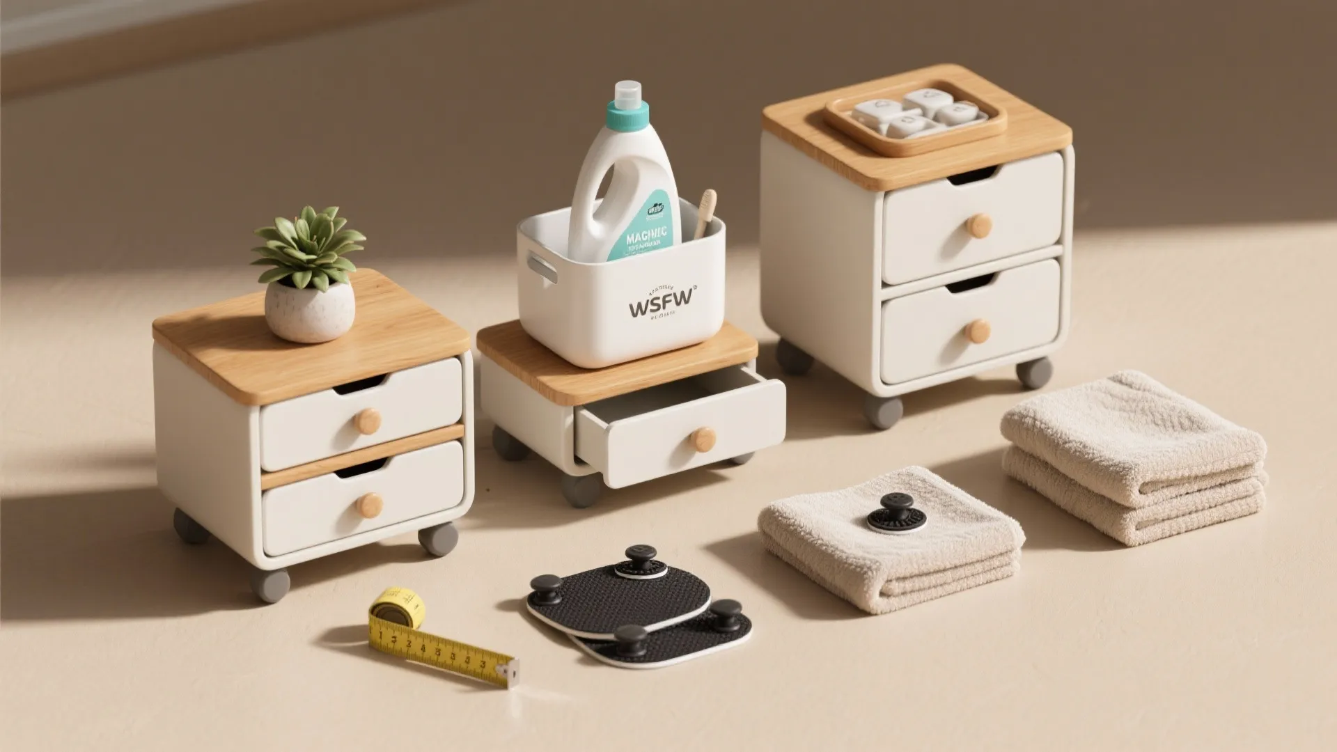 Small white storage cabinets with wooden tops laundry detergent folded towels and yellow measuring tape tools