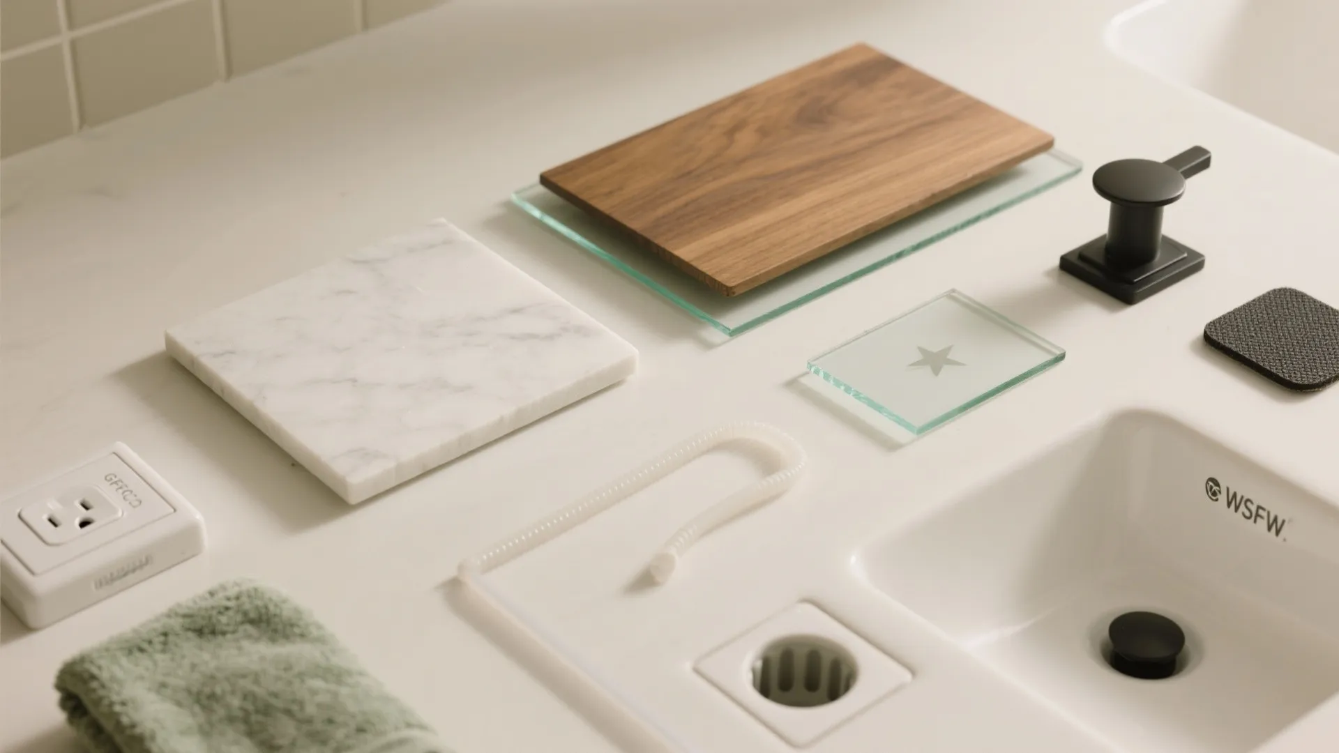 Collection of bathroom materials including marble tile wood board glass and black faucet on counter