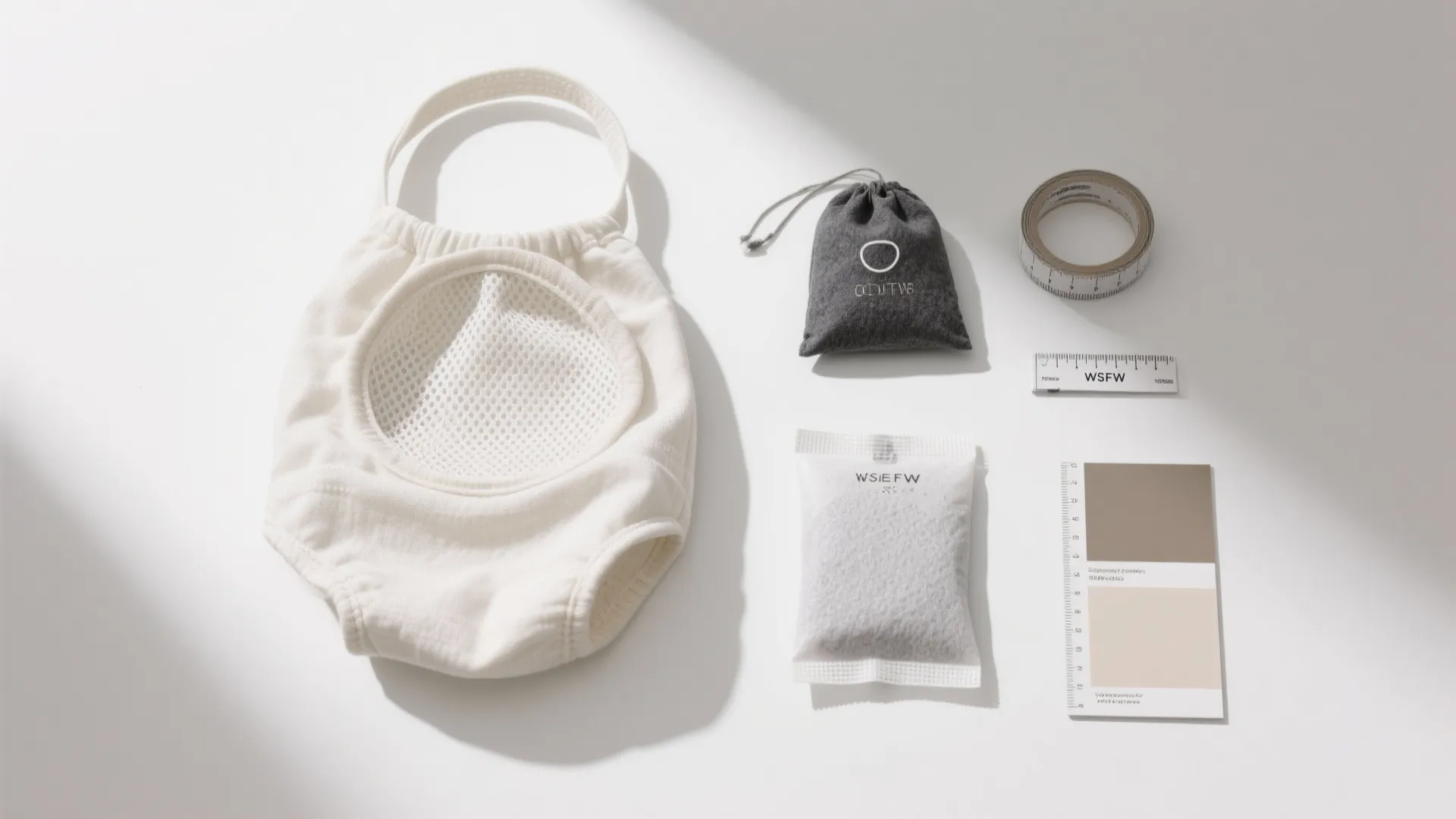 Laundry bag grey pouch measuring tape small ruler white packet and color swatch on white
