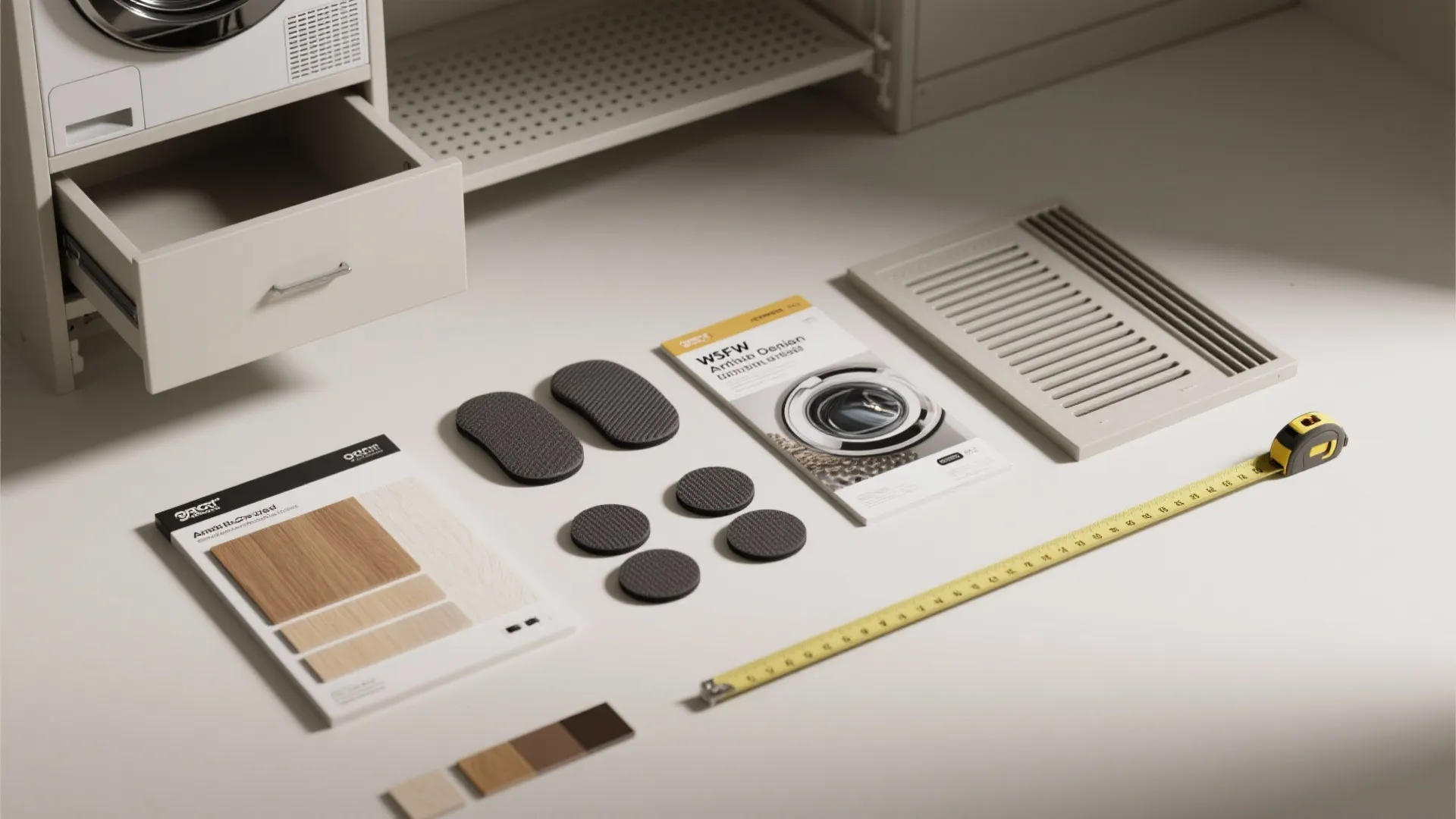 Flat lay of laundry room design tools with measuring tape wood samples and washing machine guide