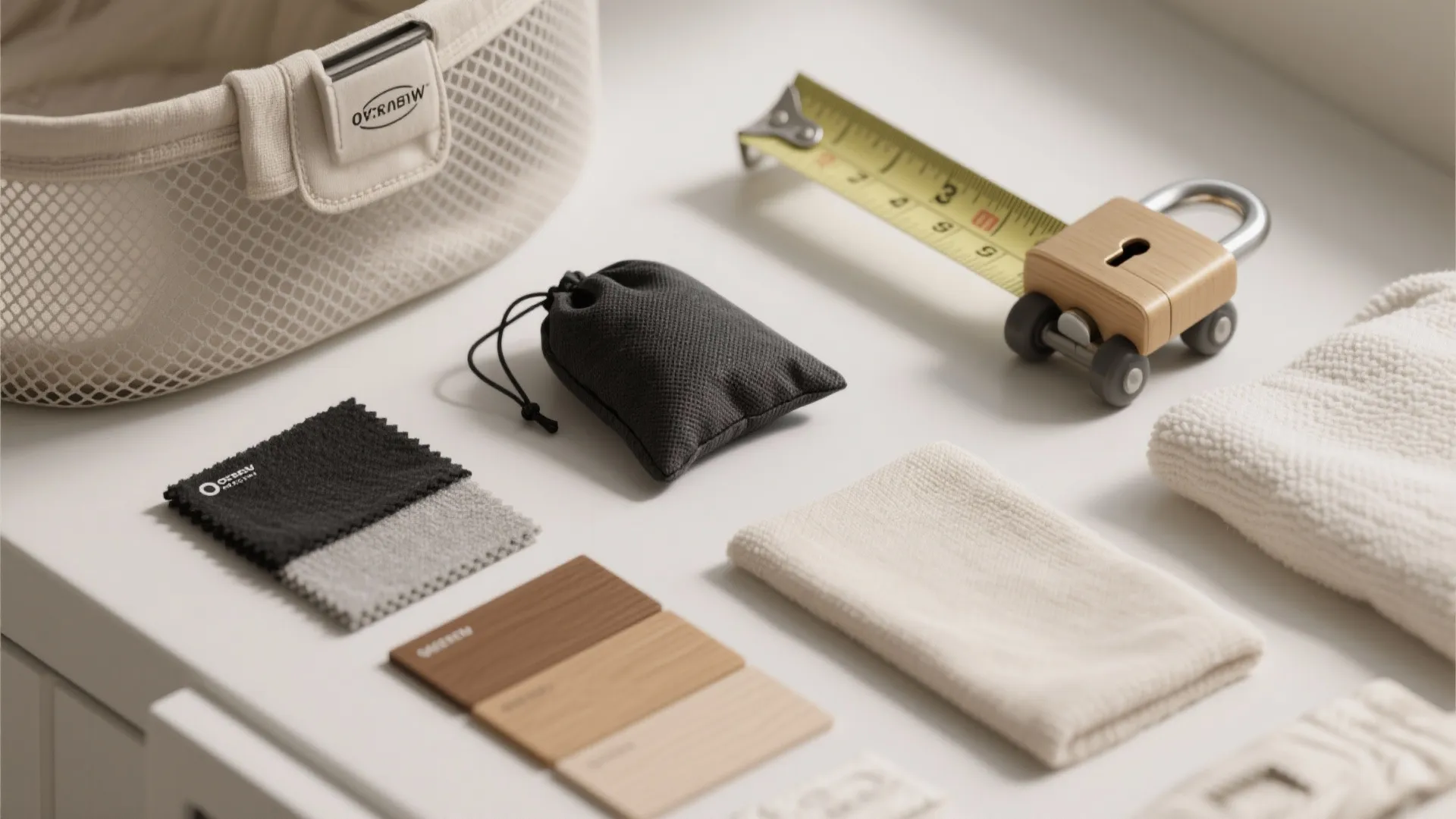 Top-down flatlay of breathable liners, canvas and mesh swatches, charcoal sachets and measuring tape.