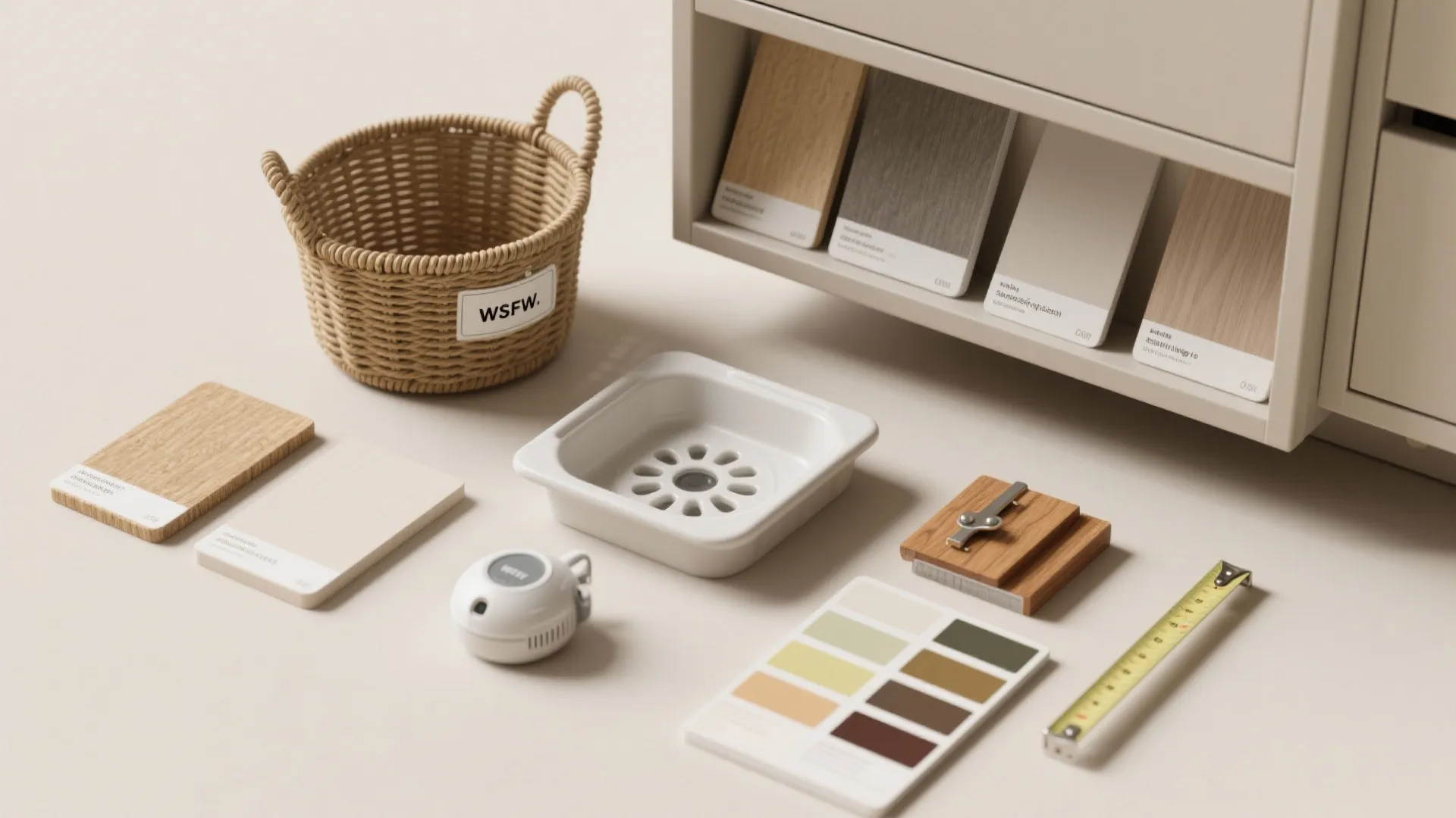 Interior design materials including wood samples color swatches a woven basket and a tape measure