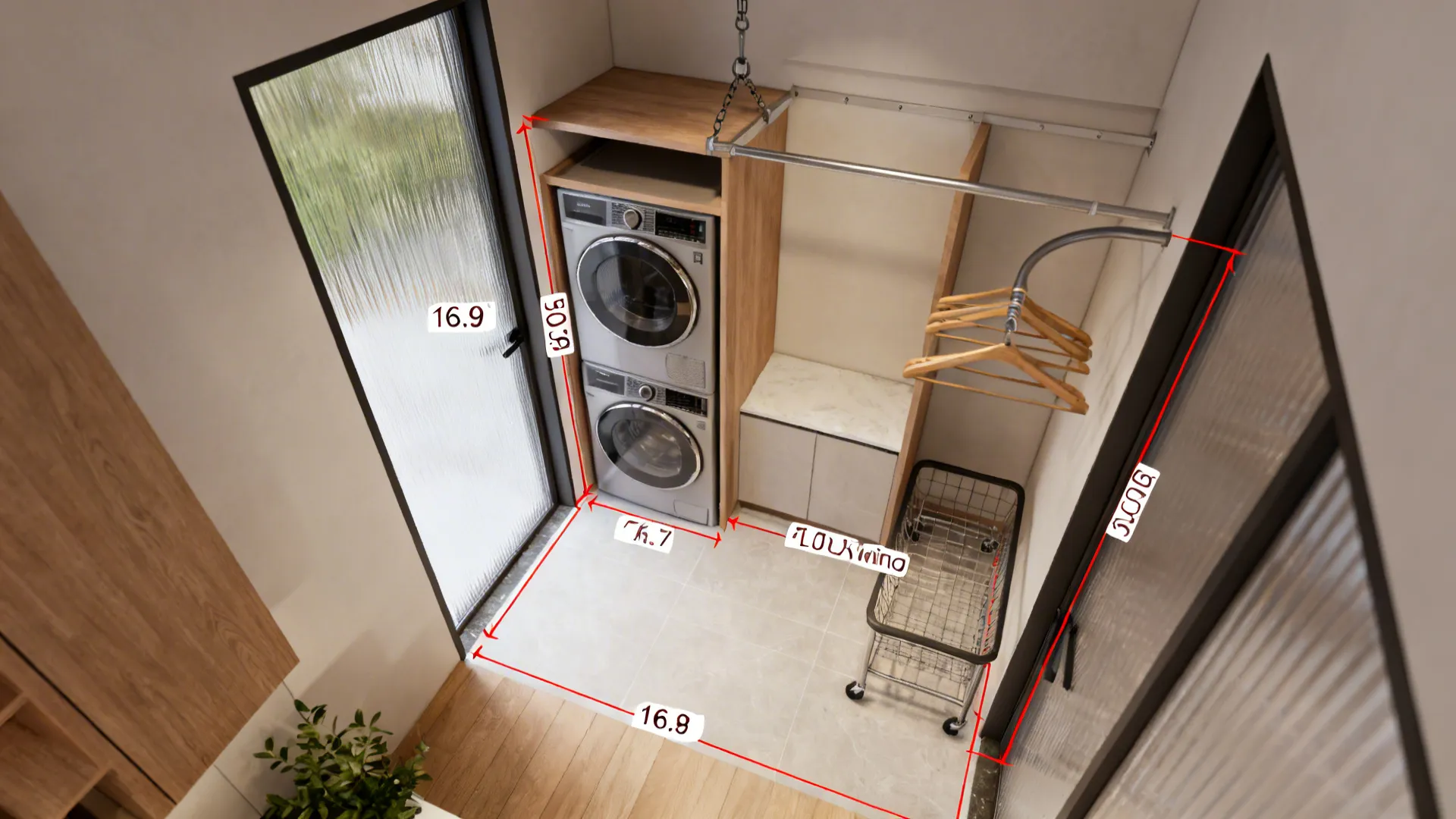 Top-down 3D style floor plan showing clearance zones and hanging solutions in a compact laundry room.