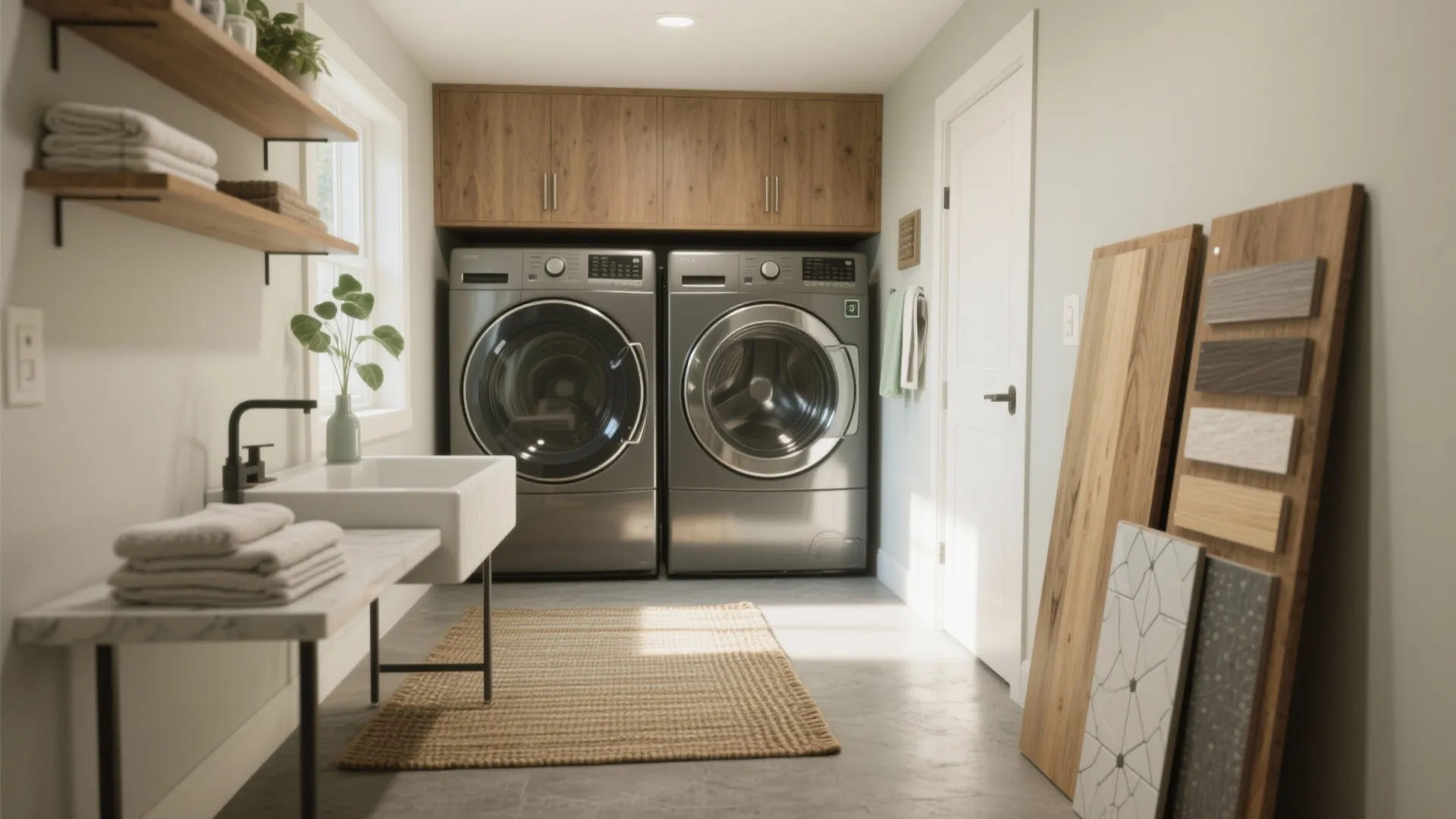 Bright laundry room with wooden cabinets silver washing machines white sink and a small brown rug