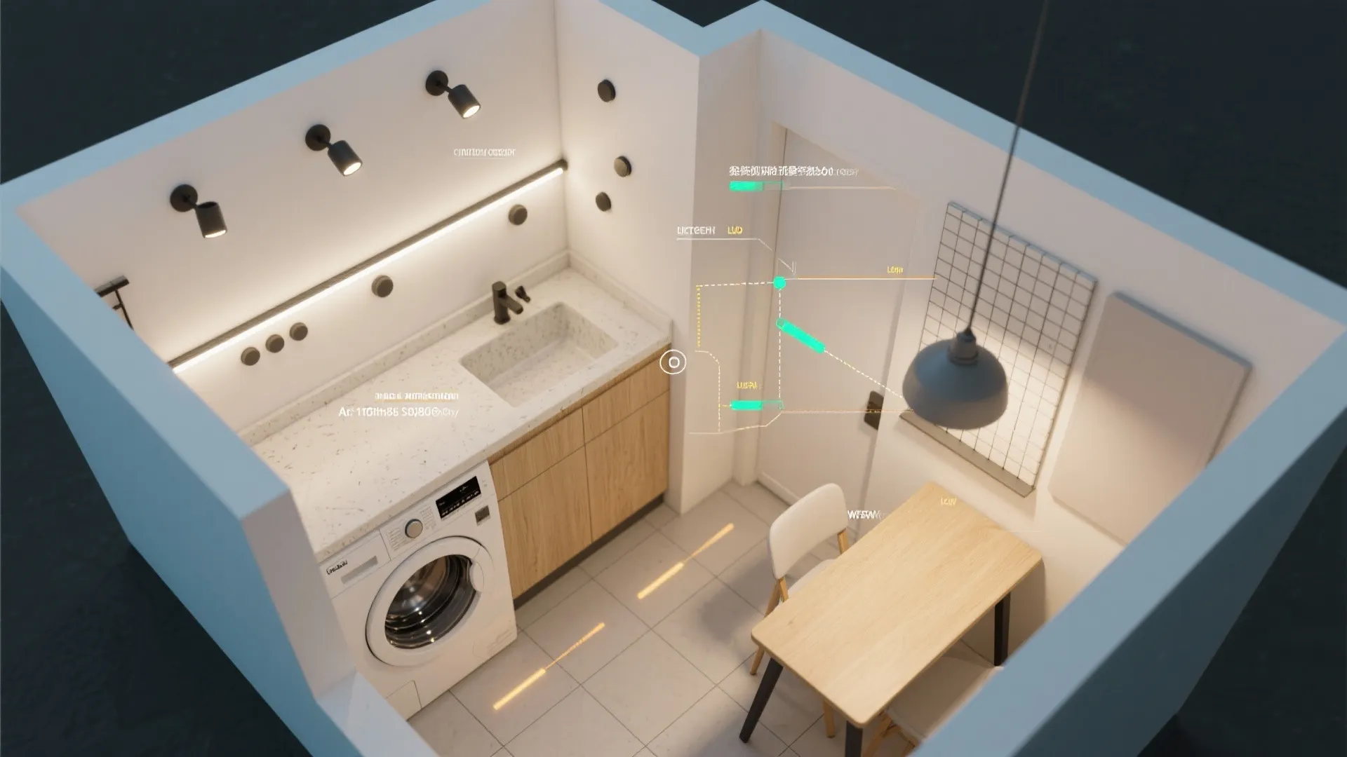 Top-down visualization of a small laundry layout with recommended LED fixture placements