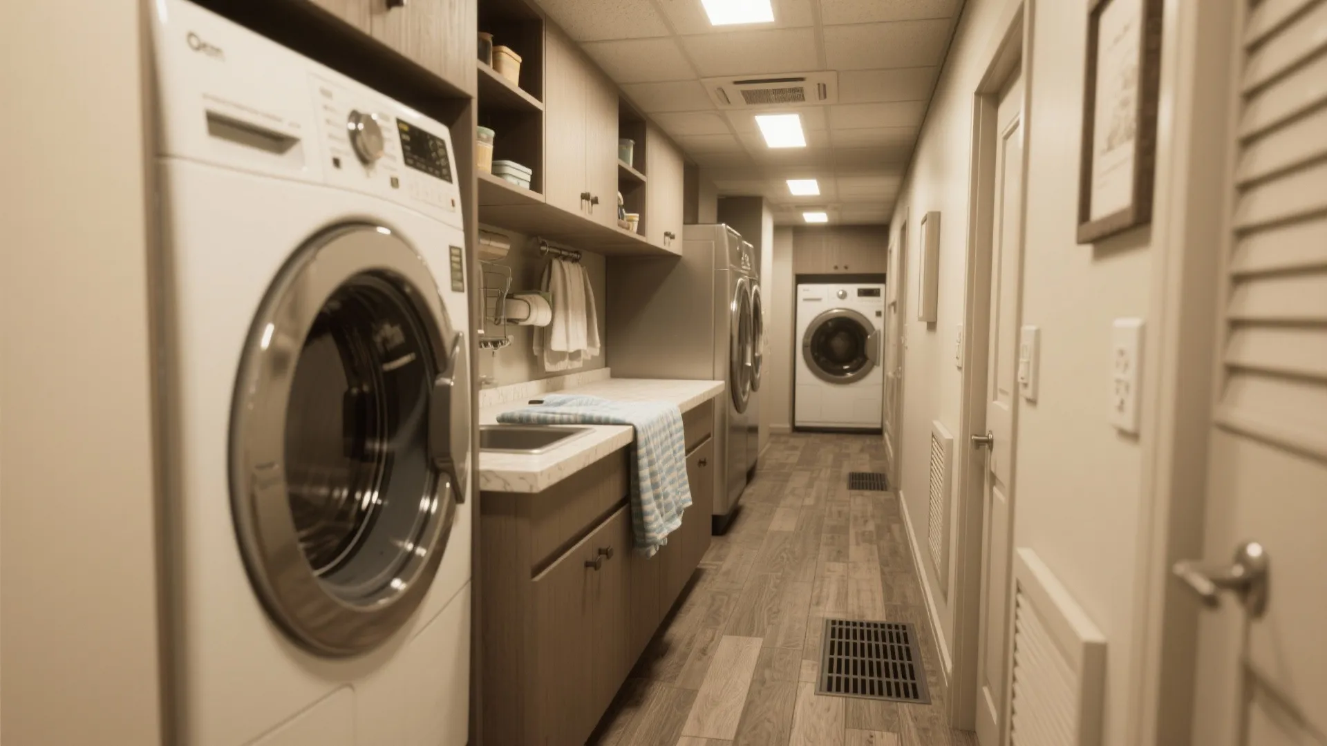 Modern laundry room layout with washing machine and dryer along wooden cabinets and sink area