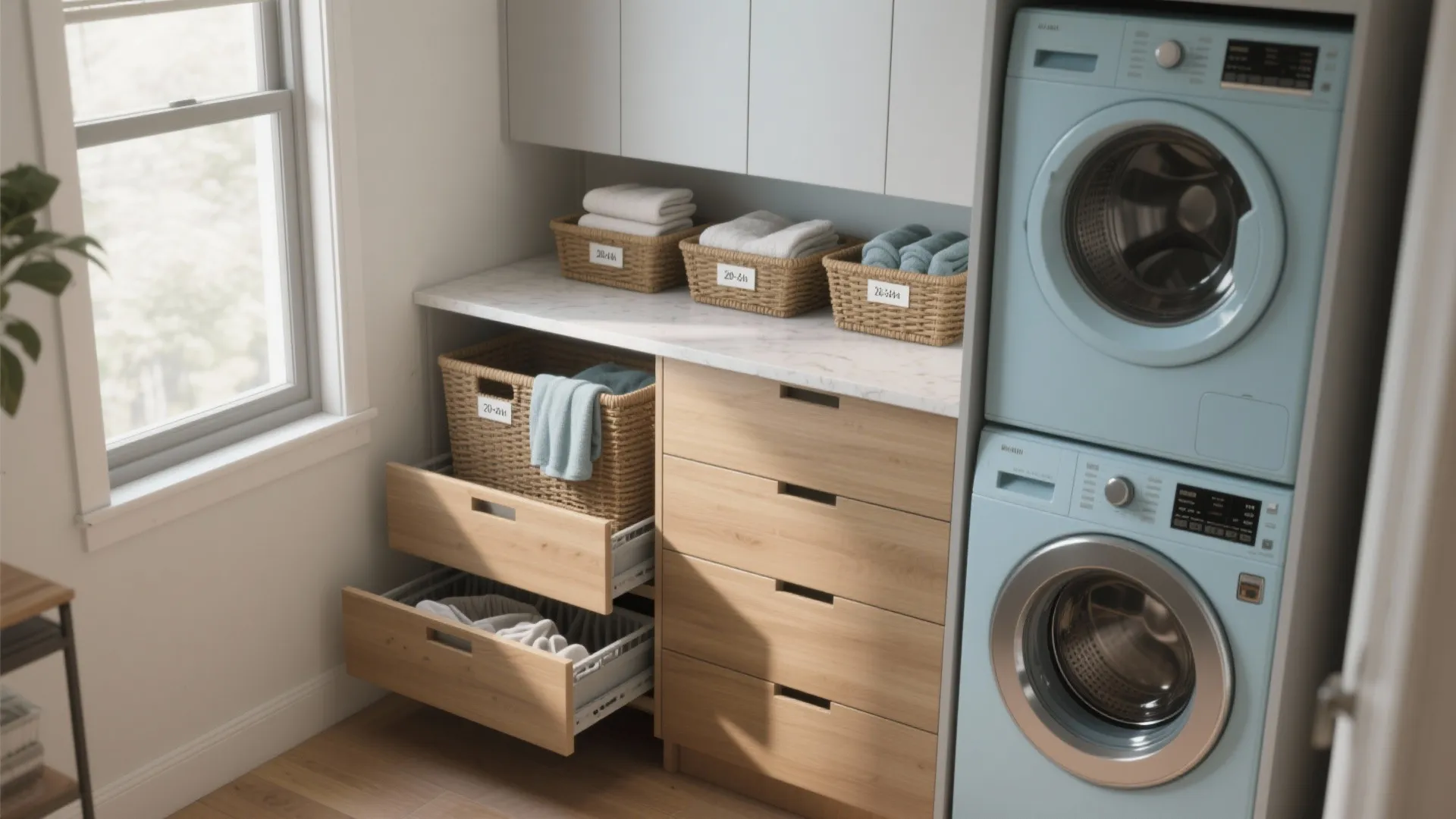 Laundry area with blue stacked machines marble countertop and wooden drawers with woven storage laundry baskets