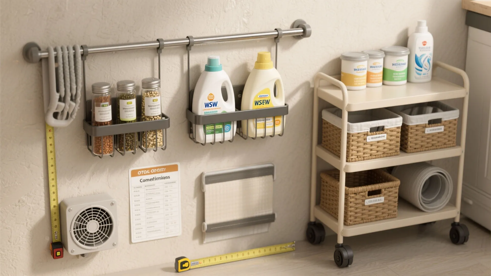 Organized wall storage with metal racks for detergent bottles and a beige rolling storage utility cart