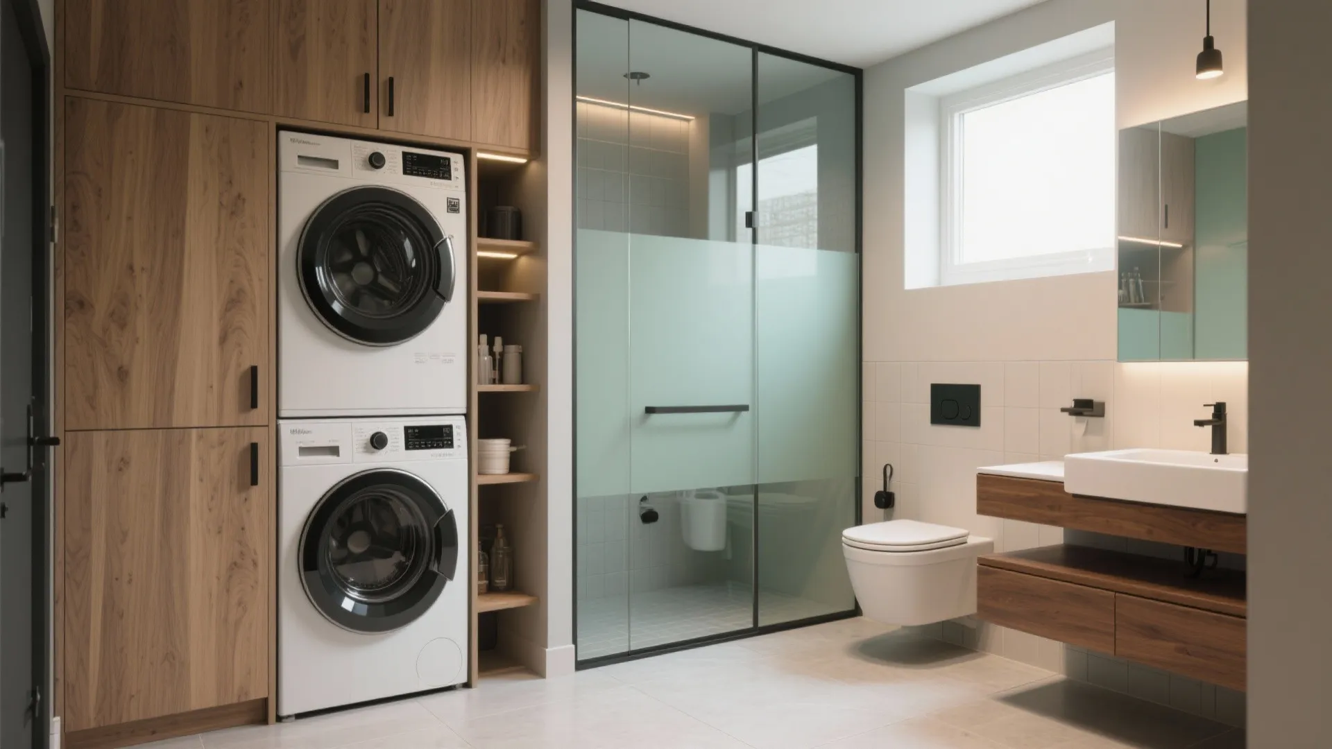 Functional bathroom with stacked washing machines next to glass shower partition and wooden cabinet storage area
