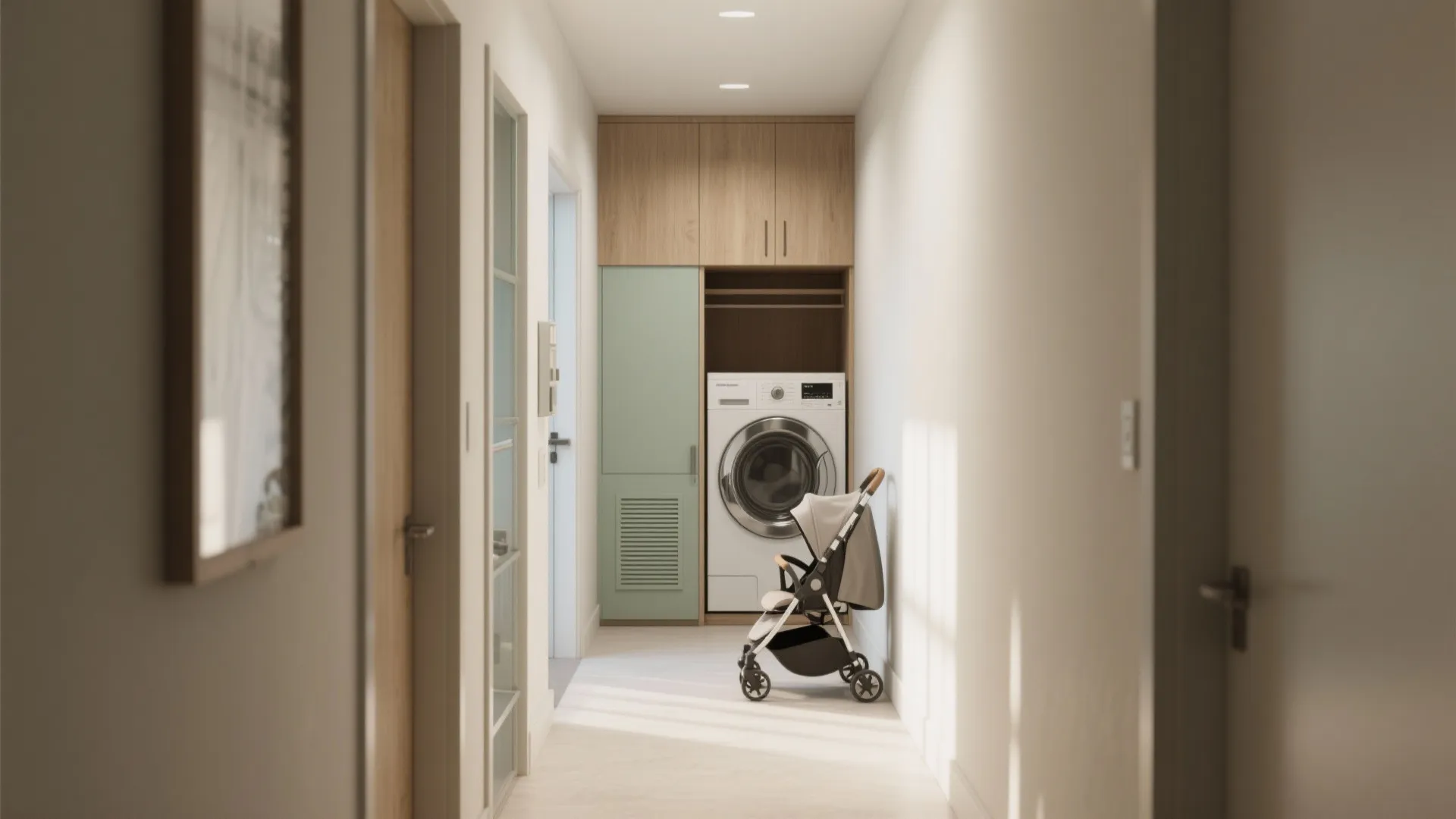 Bright hallway laundry room layout featuring a washing machine baby stroller wooden cabinets and ceiling lights
