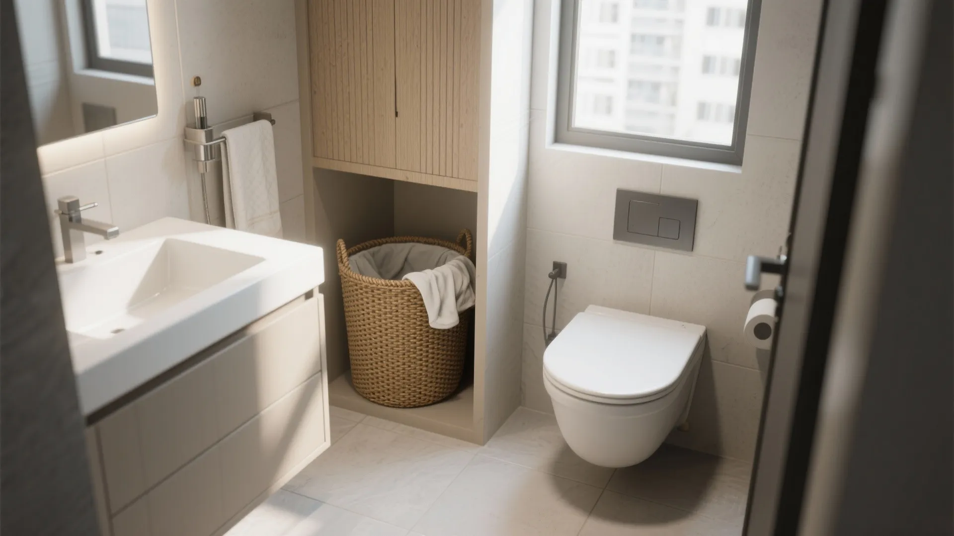Bright bathroom with white toilet sink wooden cabinet and laundry basket in a wall niche