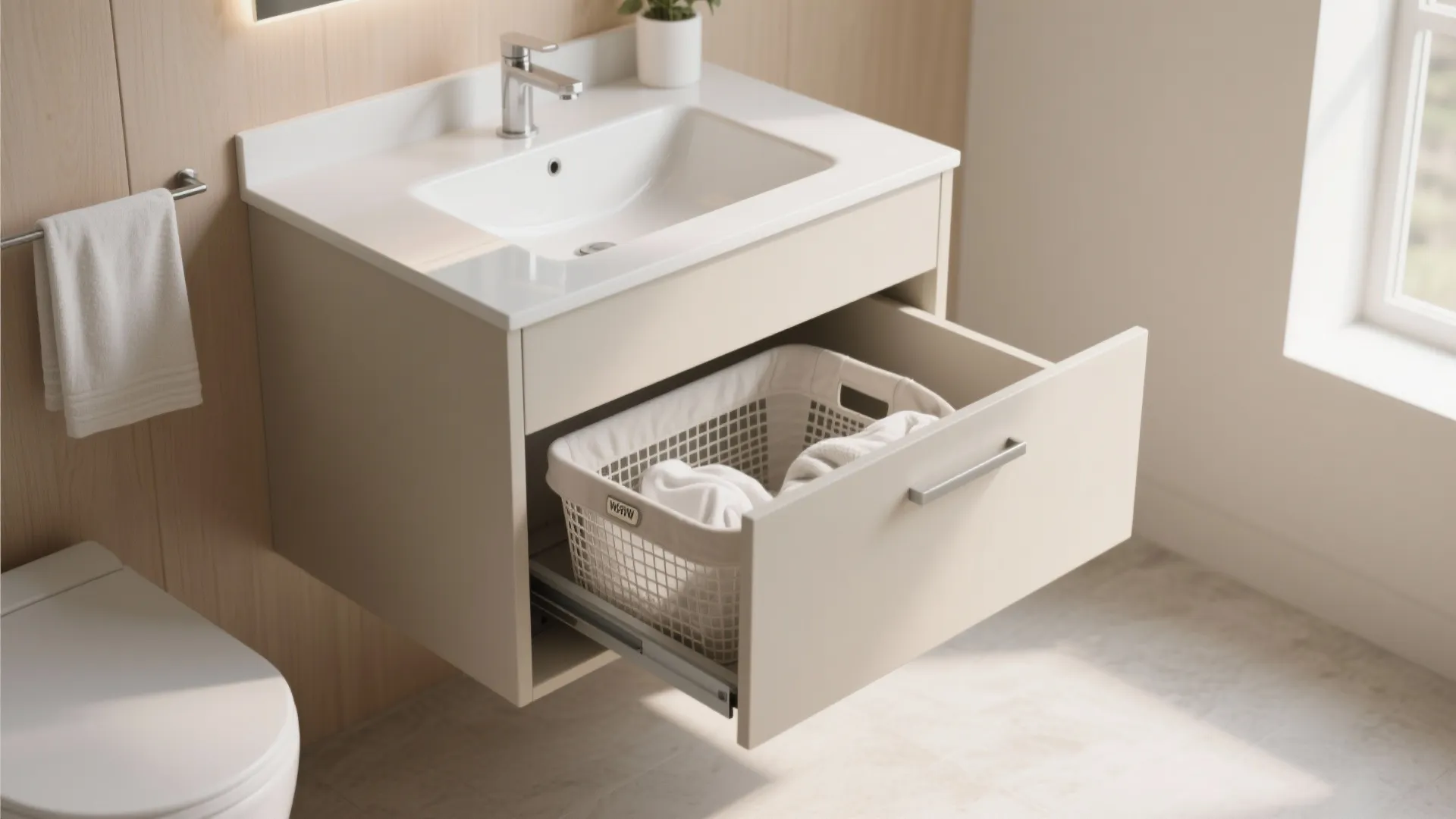Cream bathroom cabinet with an open drawer showing a white laundry basket inside for storage