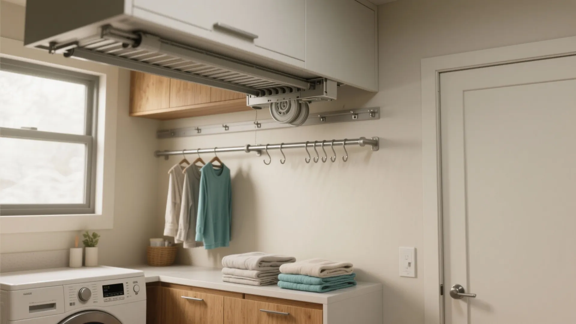 Modern laundry room featuring a washing machine with folded towels and clothes hanging on metal rods