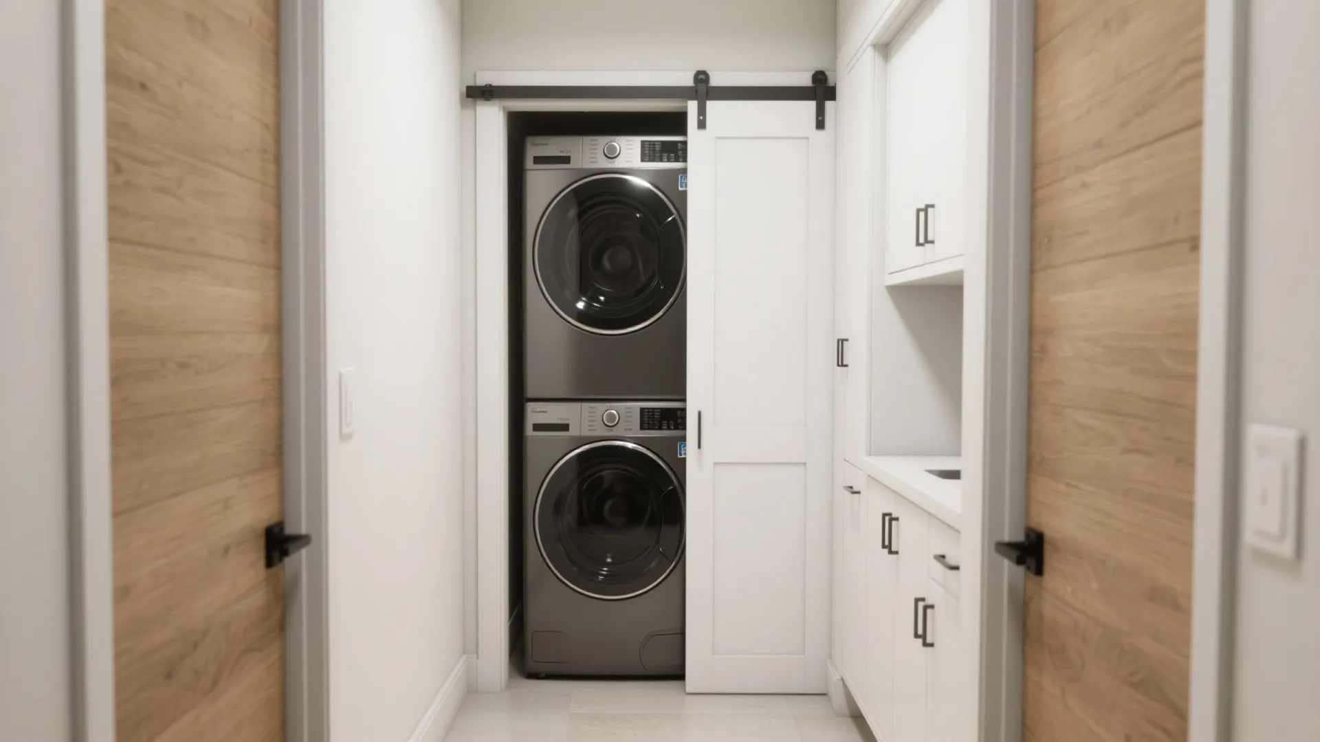 Small laundry room with stacked washer and dryer behind a white sliding door and cabinets