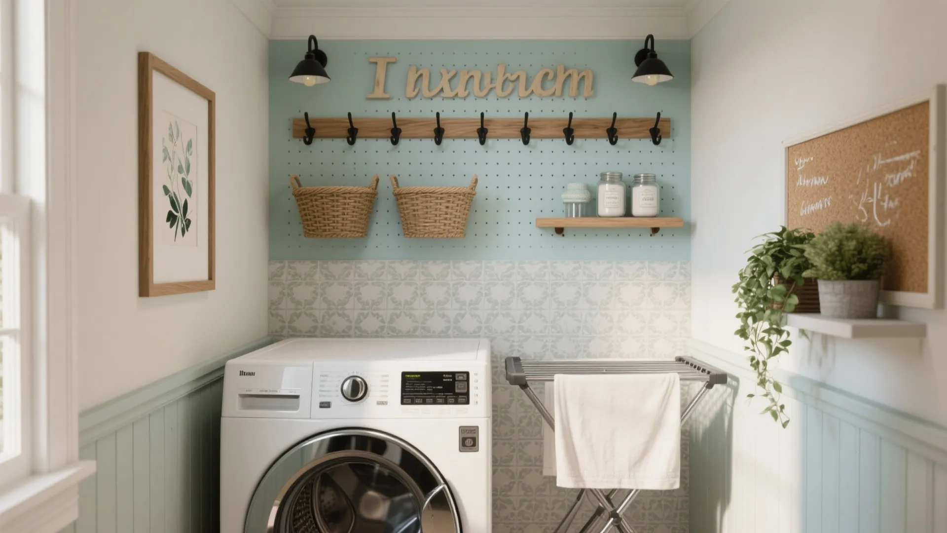 Modern laundry room featuring a white washing machine drying rack blue pegboard and wall shelf
