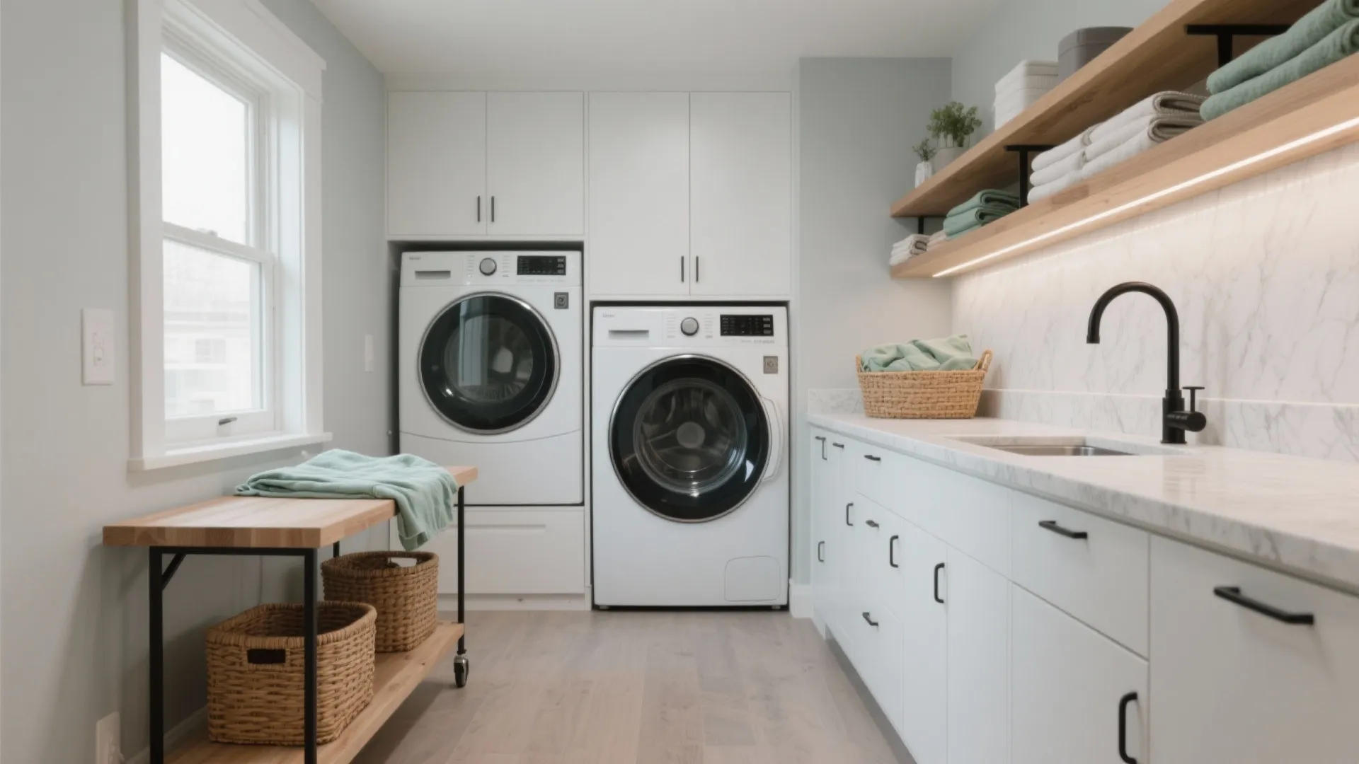 Modern laundry room with white washing machines, marble countertop, wooden shelves, and light blue walls