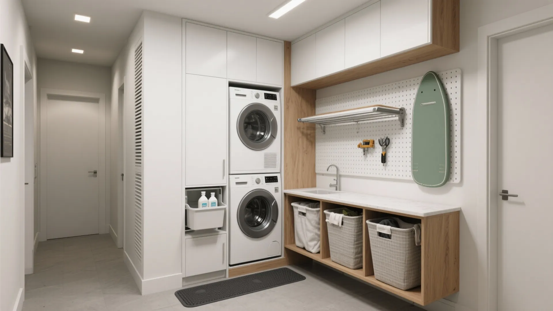 Modern laundry room with stacked washer dryer white cabinets wood shelving and three grey baskets