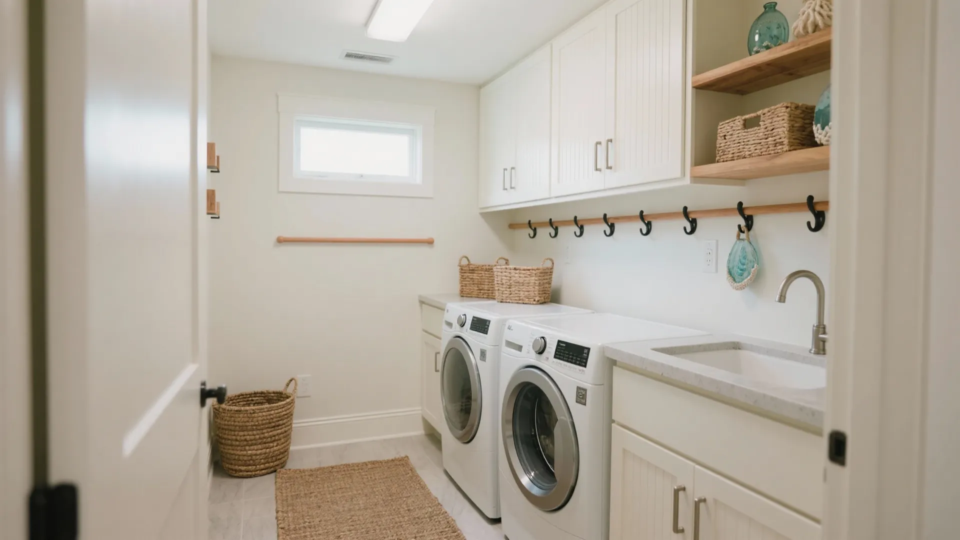 Bright laundry room with white washing machines white cabinets woven baskets a sink and wooden shelves