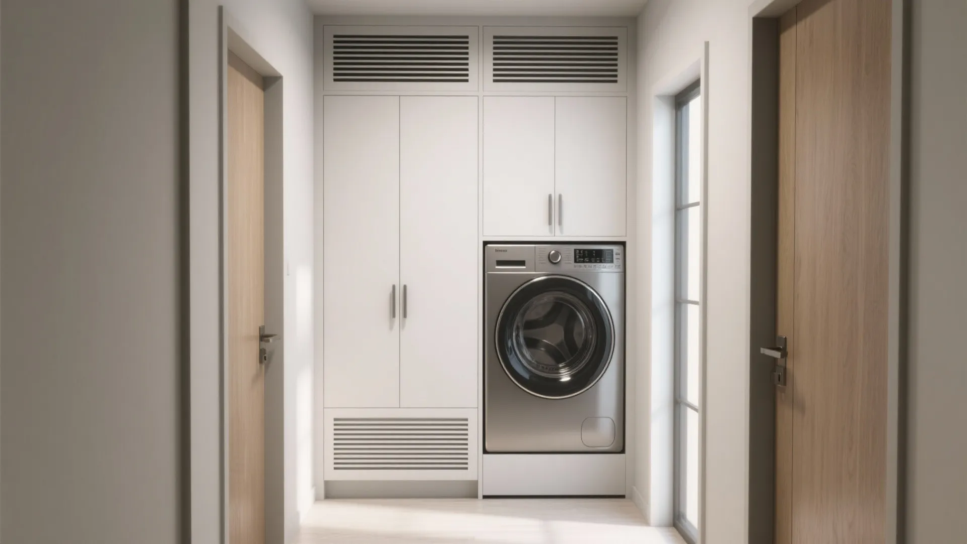 Modern white laundry cabinet built into hallway wall with silver washing machine and wooden doors