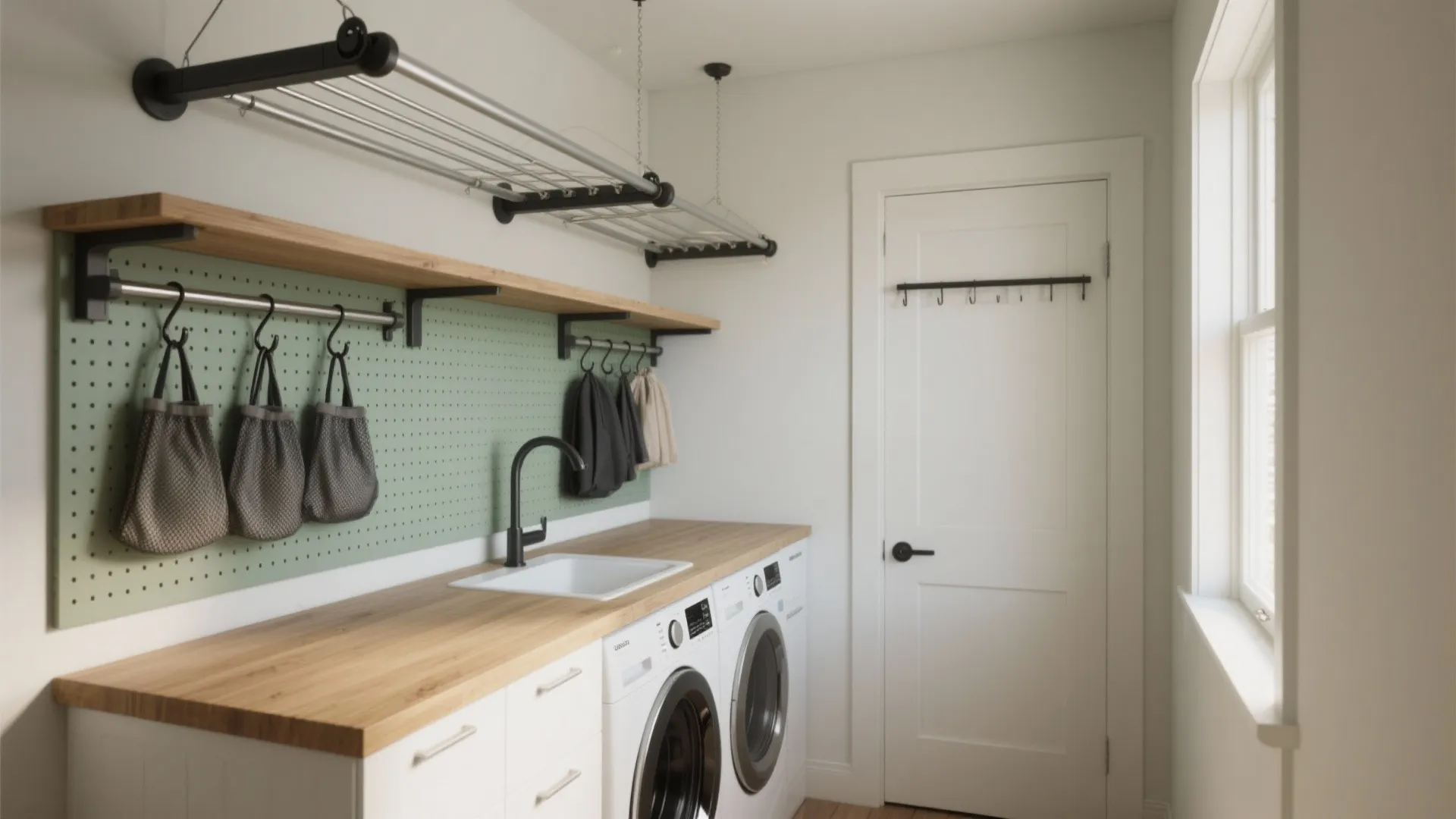Bright laundry room with wooden countertop white cabinets green wall panel and ceiling mounted drying rack